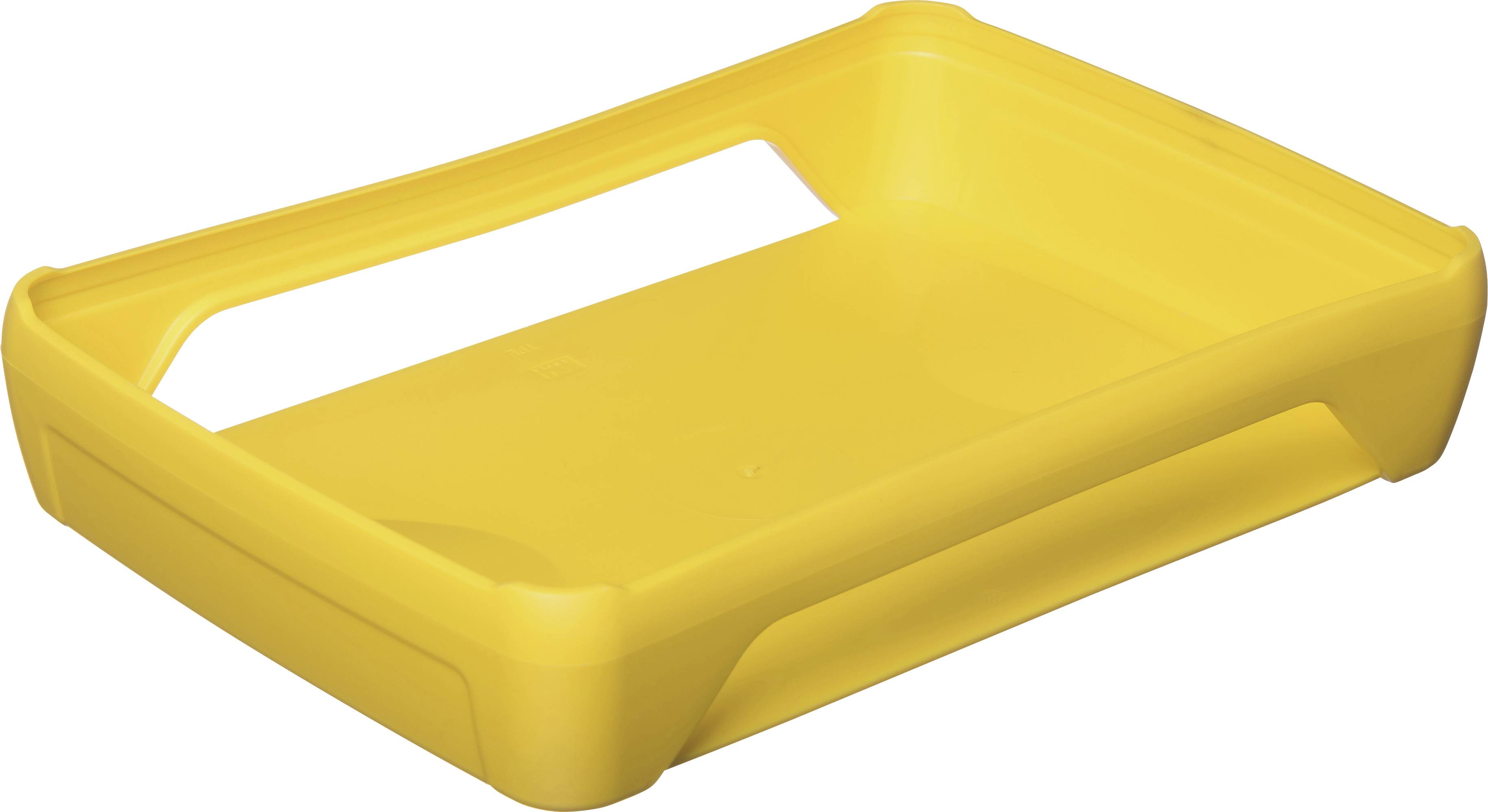 Gelbe, rechteckige Kunststoffabdeckung mit Aussparung an der Oberseite, vermutlich für Stapel- oder Transportzwecke.