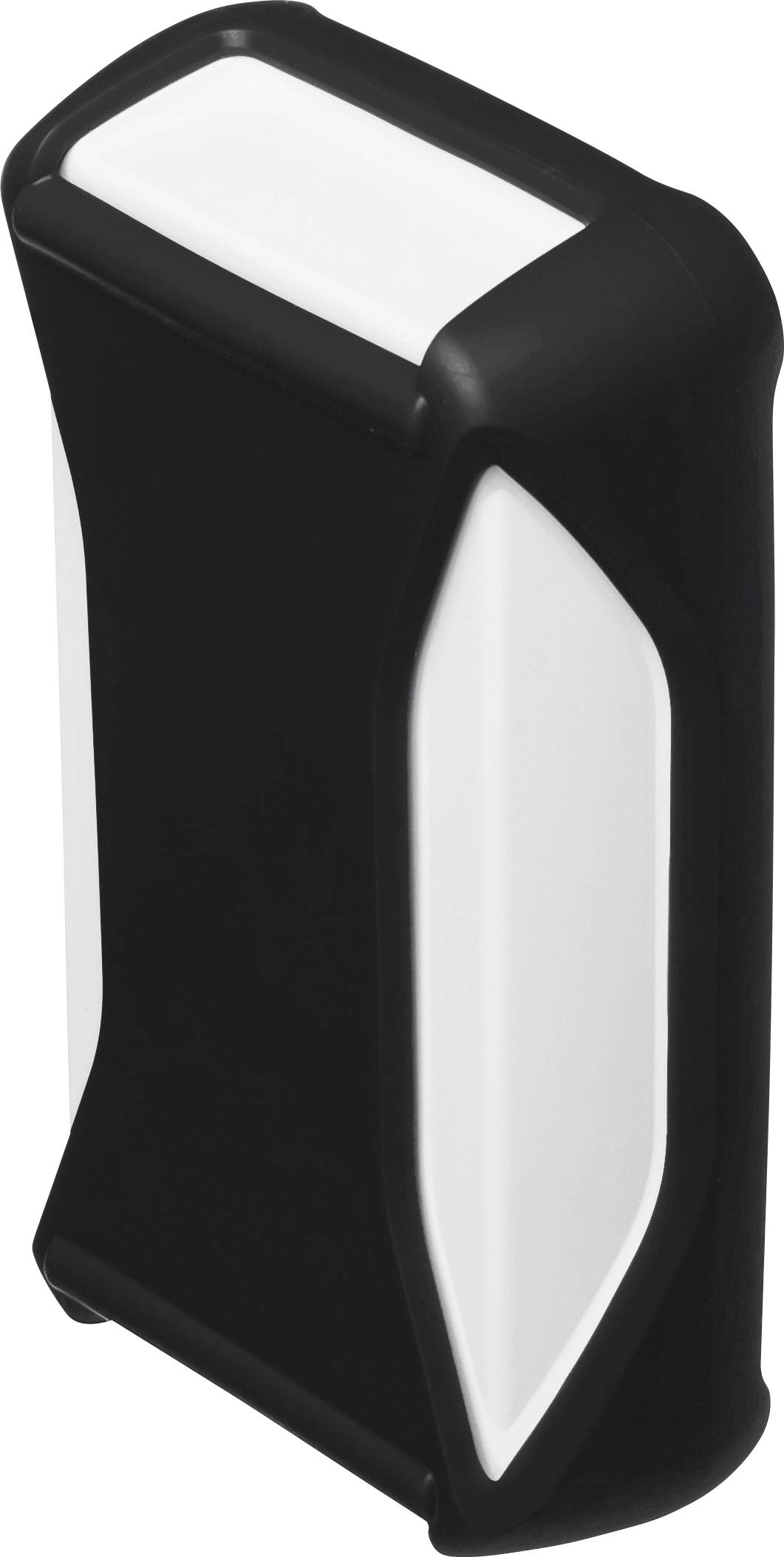 Ein kompaktes, tragbares Gerät in einer schwarzen und weißen Hülle, möglicherweise ein elektronisches Zubehörteil oder Gehäuse.