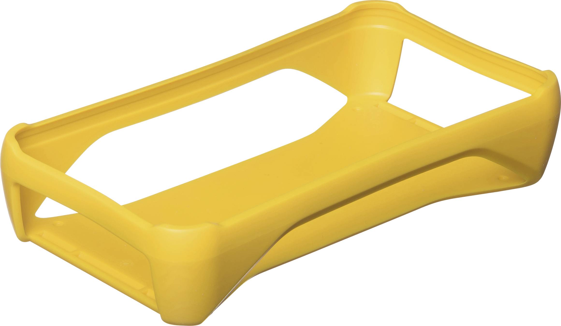 Gelber Kunststoffflaschenhalter mit rechteckiger Basis und abgerundeten Kanten, geeignet für das Tragen mehrerer Flaschen.