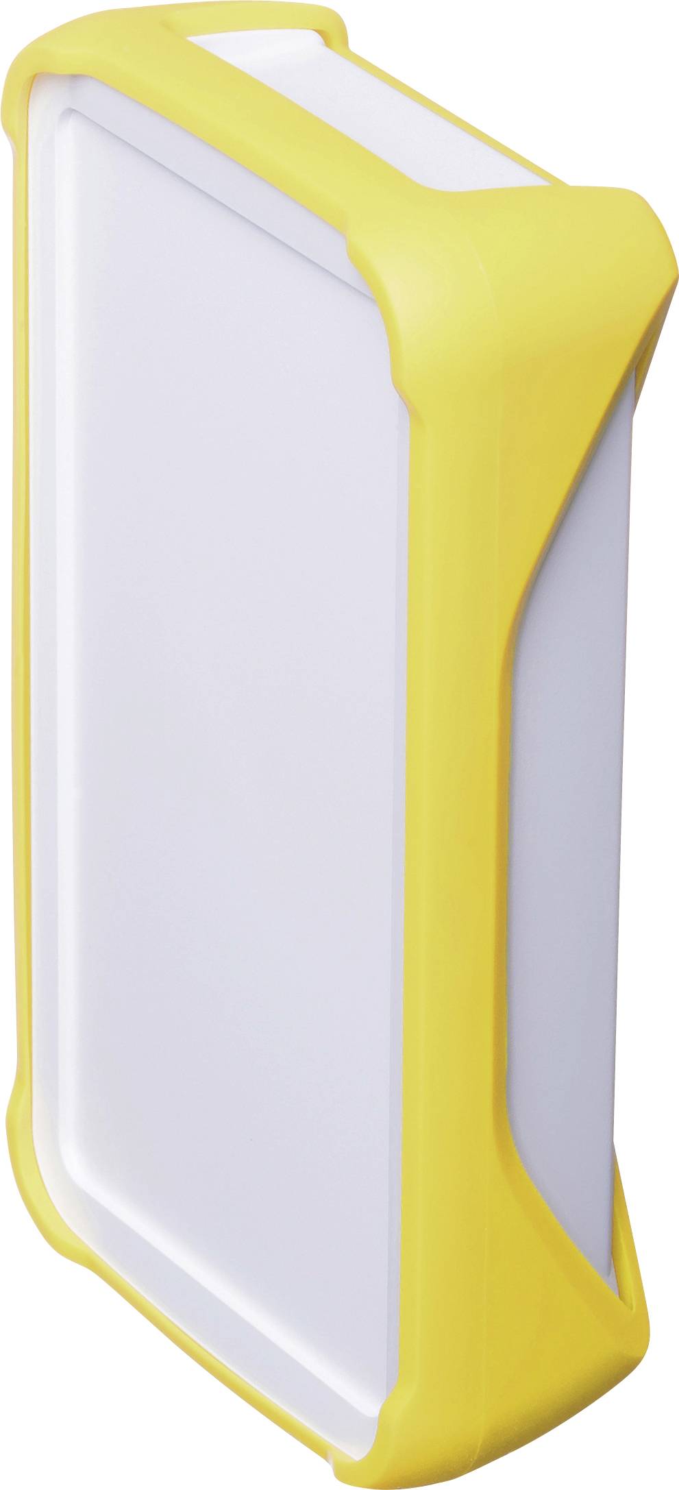 Ein rechteckiges, weißes Gerät mit gelbem Gehäuserand. Es wirkt tragbar und robust, möglicherweise eine Leuchte oder ein Schutzgehäuse.