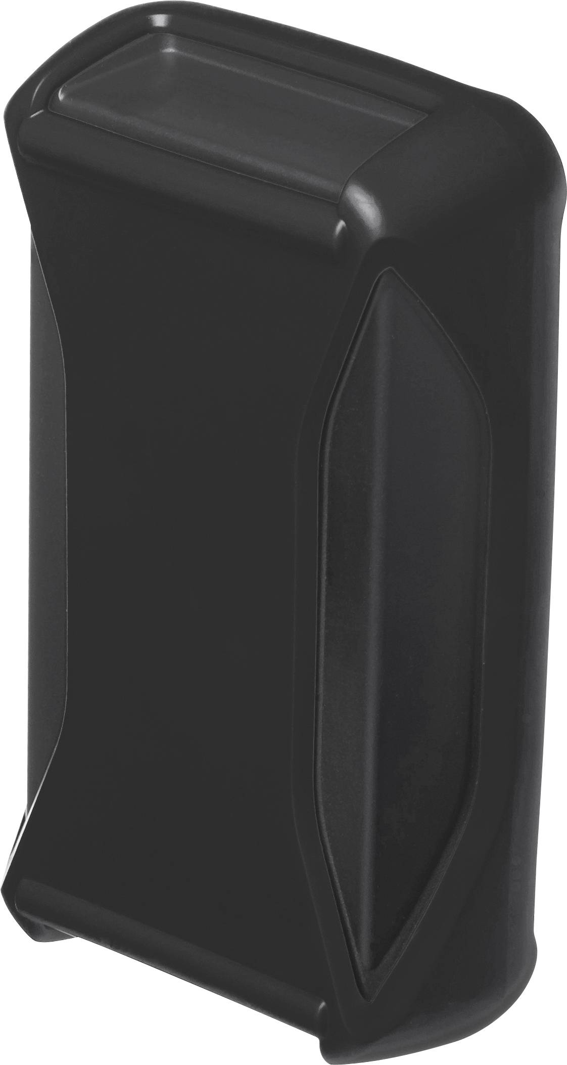 Ein schwarzes, rechteckiges Gerät mit abgerundeten Ecken und glatten Flächen, möglicherweise ein Schutzgehäuse für elektronische Geräte.