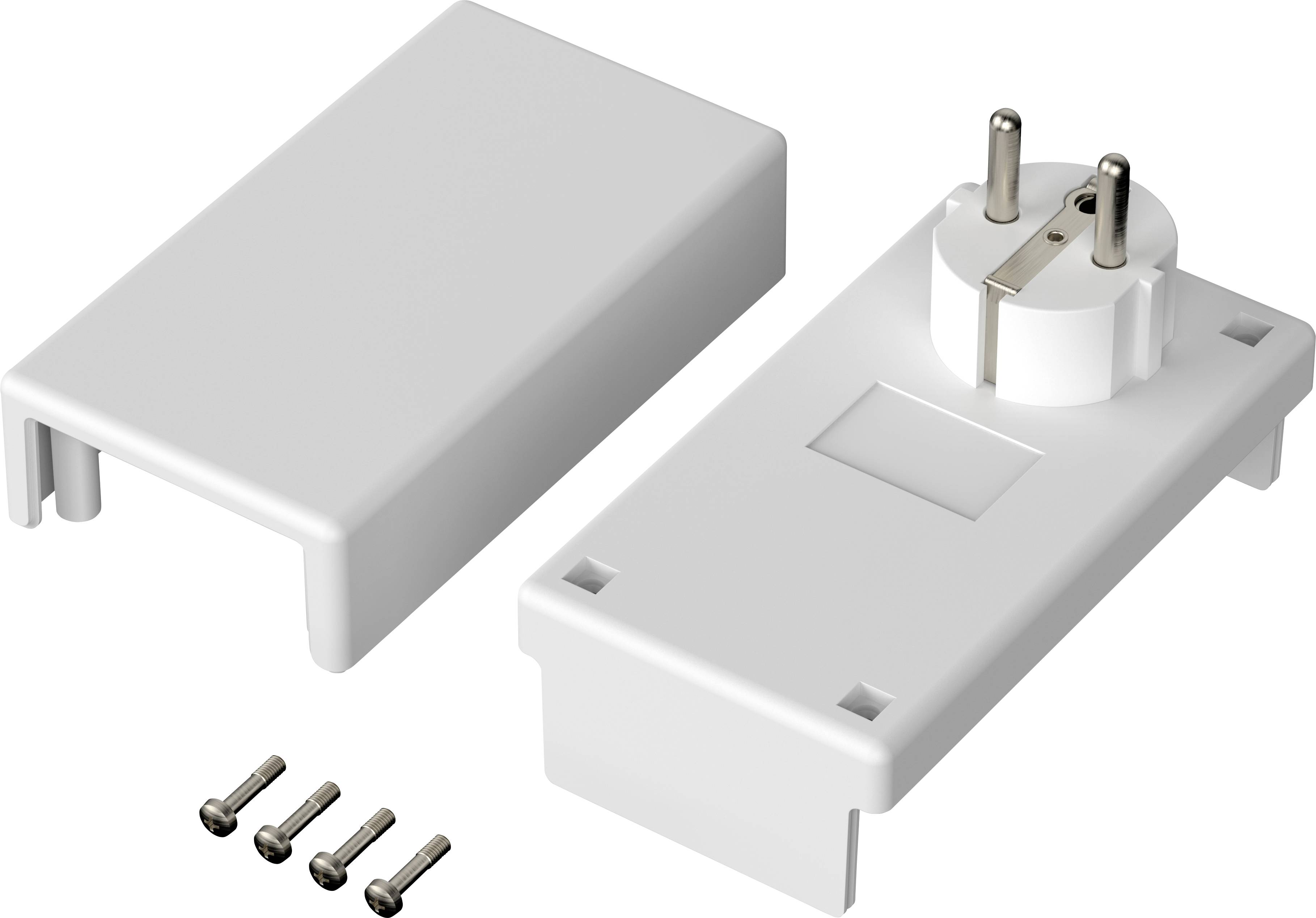 Weiße Kunststoffabdeckung und Steckdosengehäuse mit Anschraubvorrichtung. Vier Schrauben zur Montage sind beigelegt.
