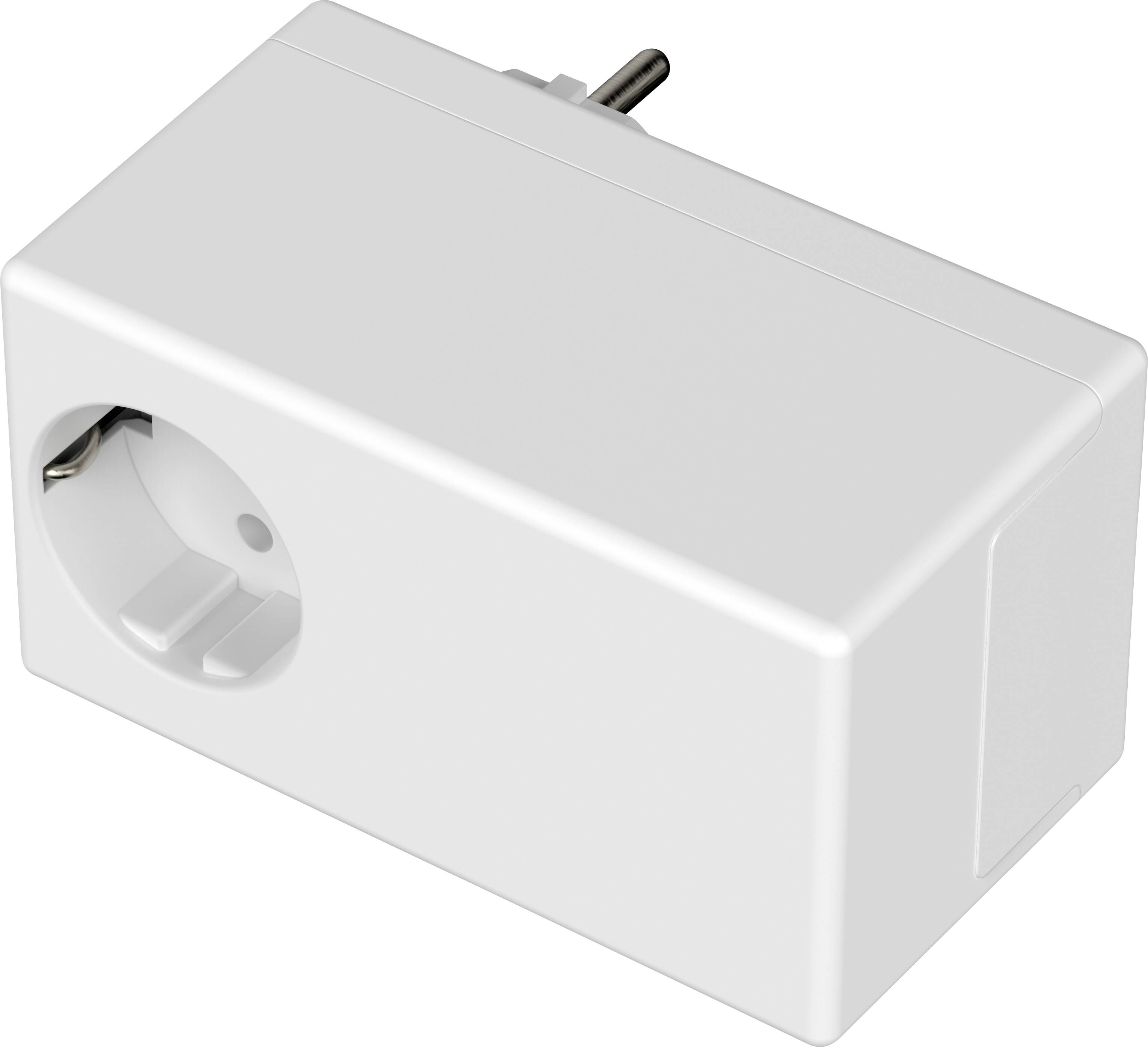 Weiße Steckdosenleiste mit einem Eurostecker in einer schrägen Ansicht, der die äußere Schale und die Steckdose zeigt.