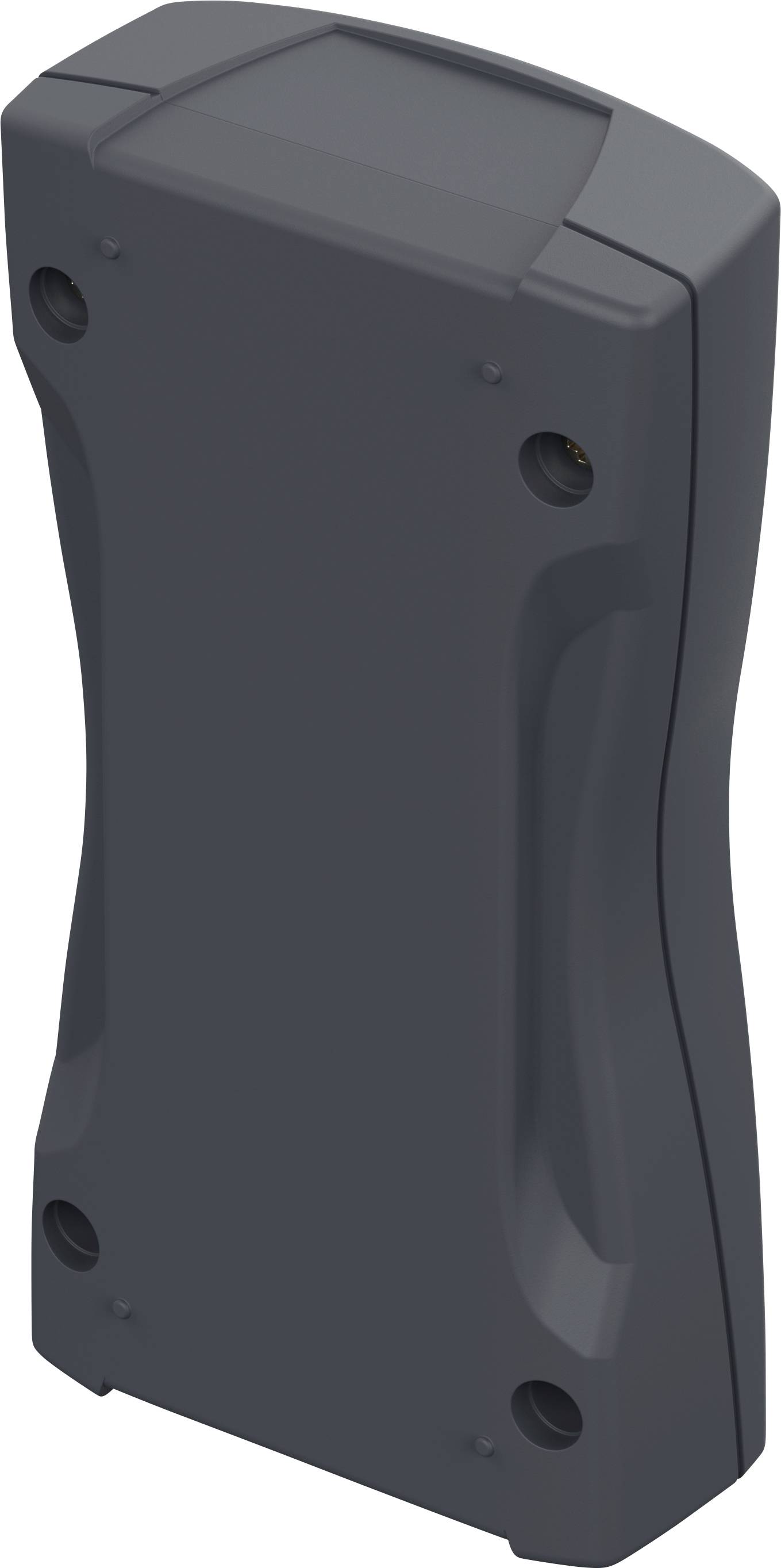 Ein rechteckiges, dunkelgraues Kunststoffgehäuse mit abgerundeten Kanten und vier sichtbaren Schraubenlöchern, Rückansicht.