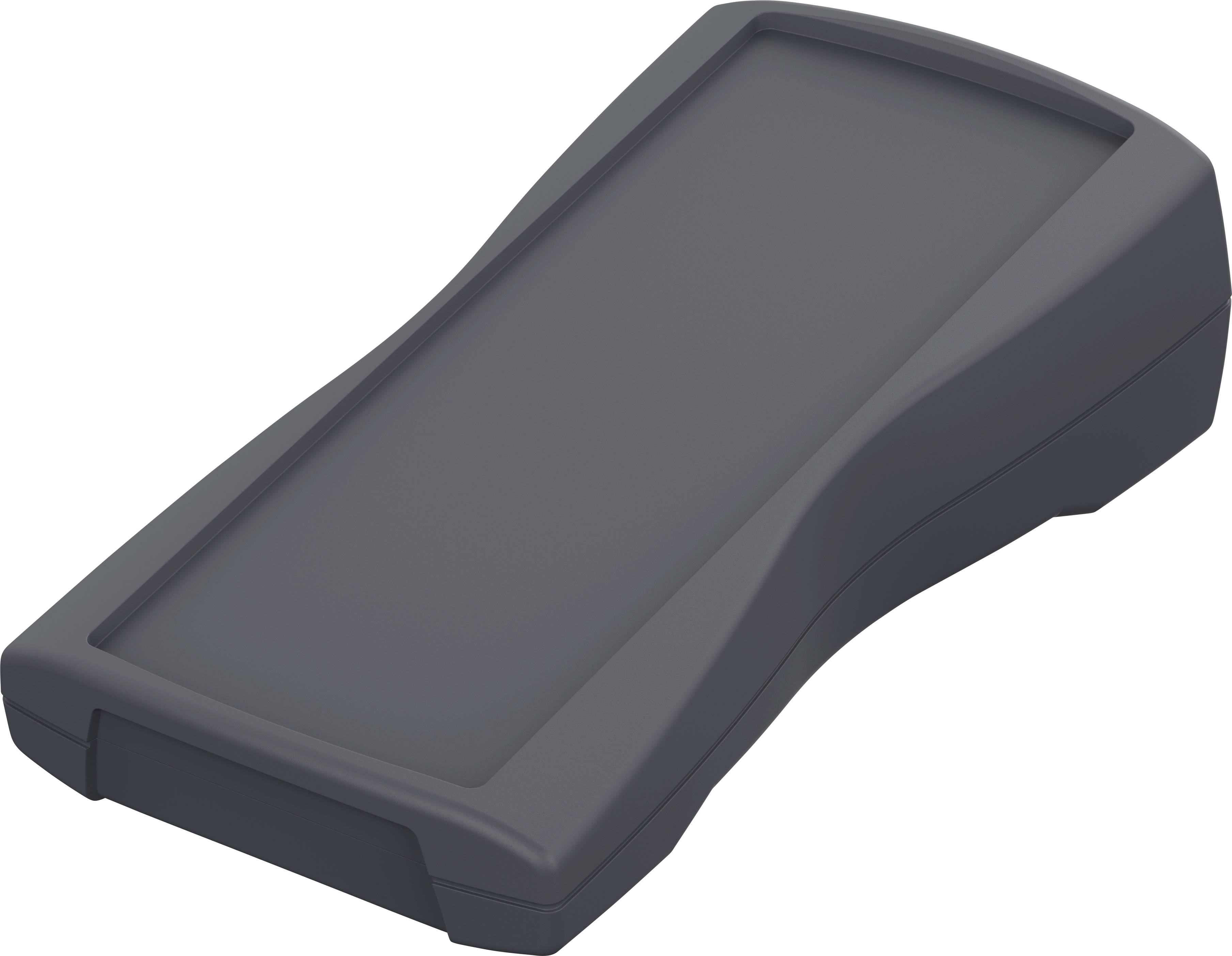 Ein schwarzes, rechteckiges Gehäuse mit abgerundeten Ecken und einem glatten, flachen Deckel, möglicherweise für ein elektronisches Gerät.