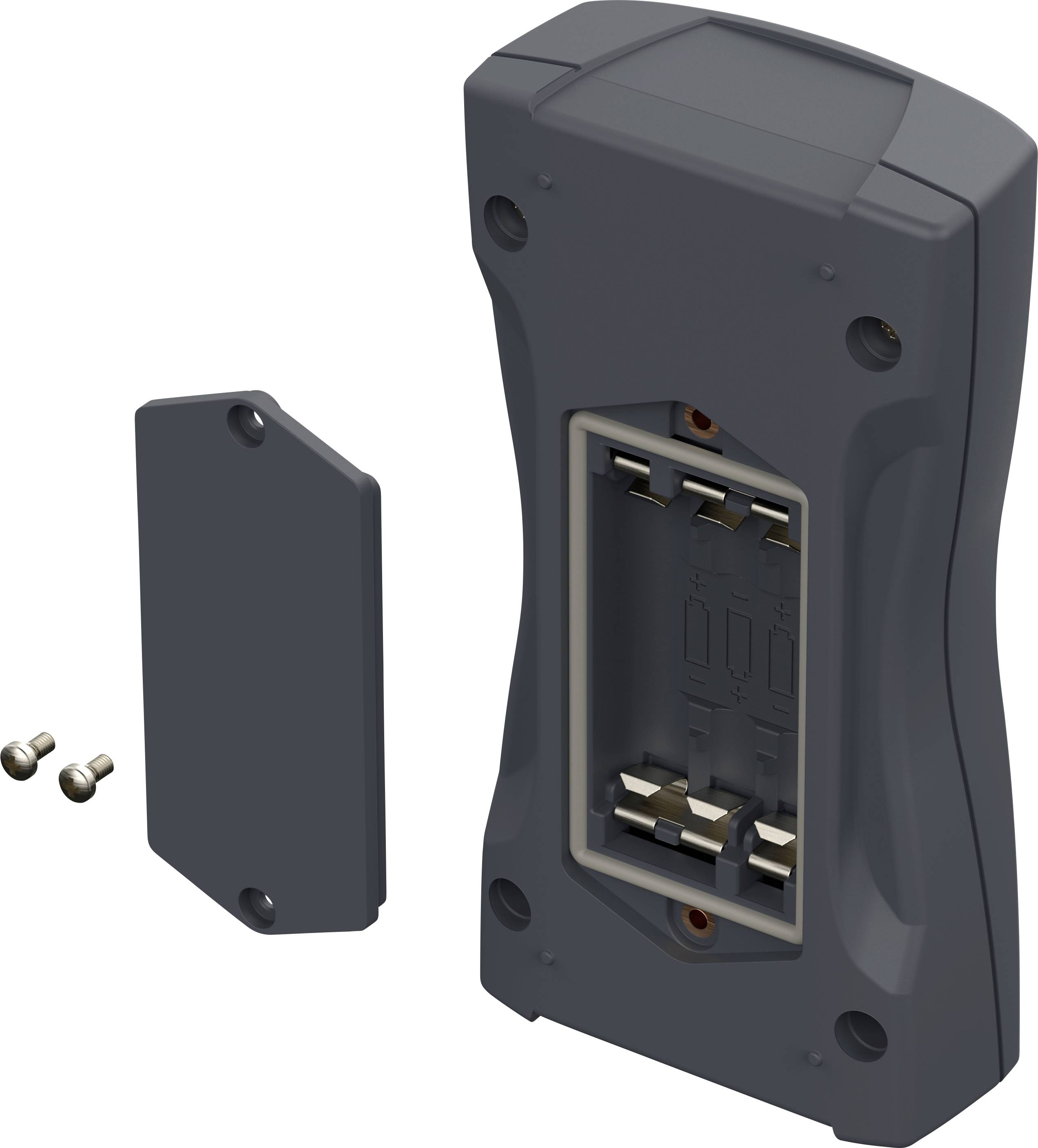 Gehäuse einer elektrischen Komponente mit offenem Batteriefach. Daneben liegen eine Abdeckung und zwei Schrauben.