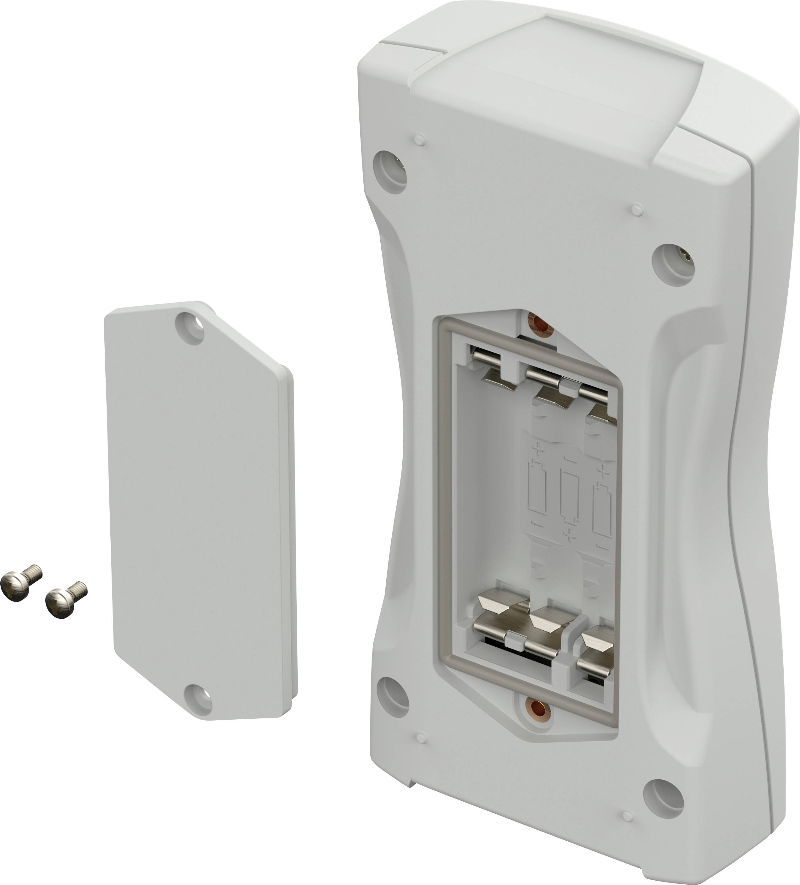 Batteriefach einer Wandhalterung, geöffnet mit zwei Befestigungsschrauben daneben. Erlaubt das Einsetzen von Batterien.