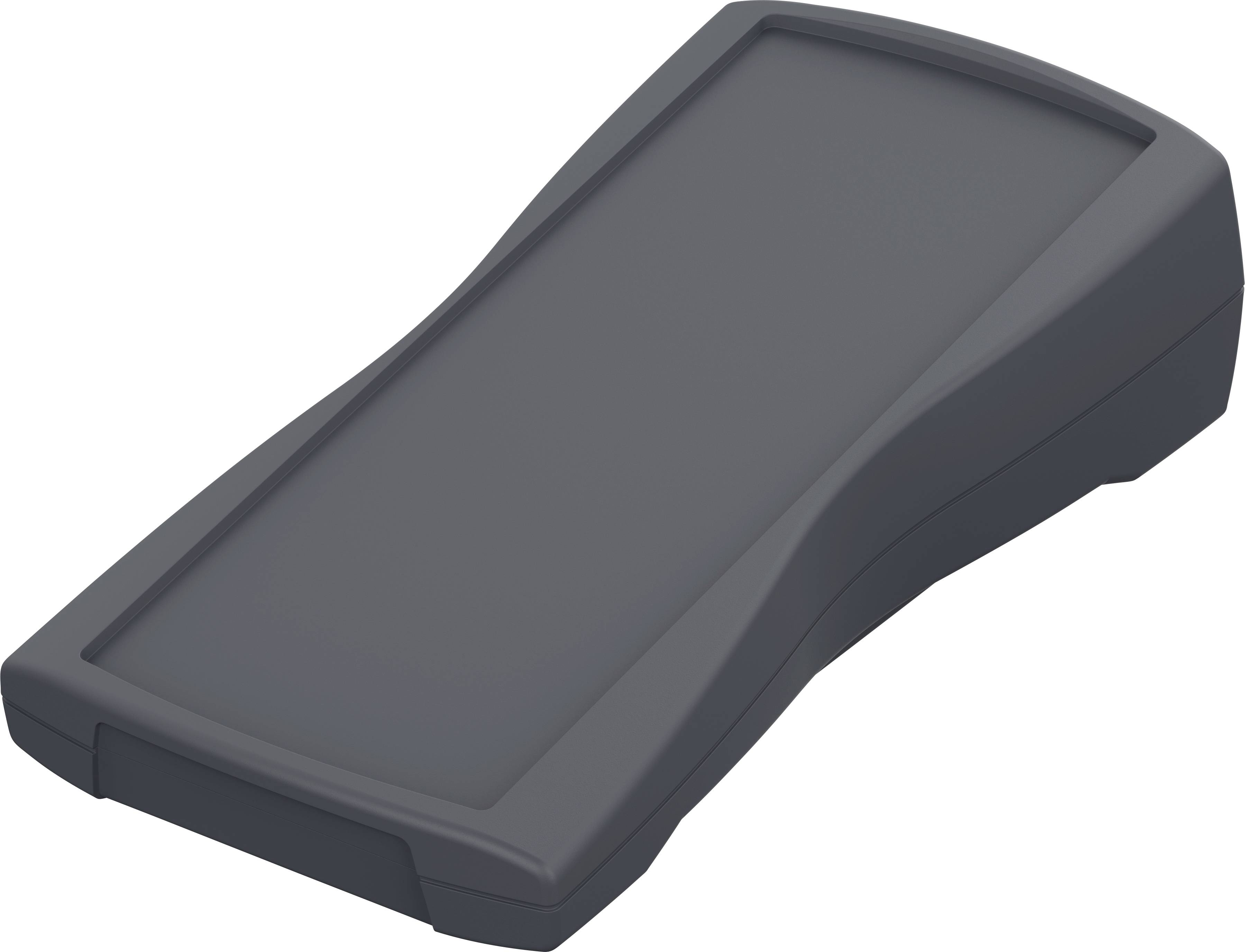 Flaches, schwarzes, rechteckiges elektronisches Gerät mit abgerundeten Kanten. Möglicherweise ein Handheld- oder Steuergerät.