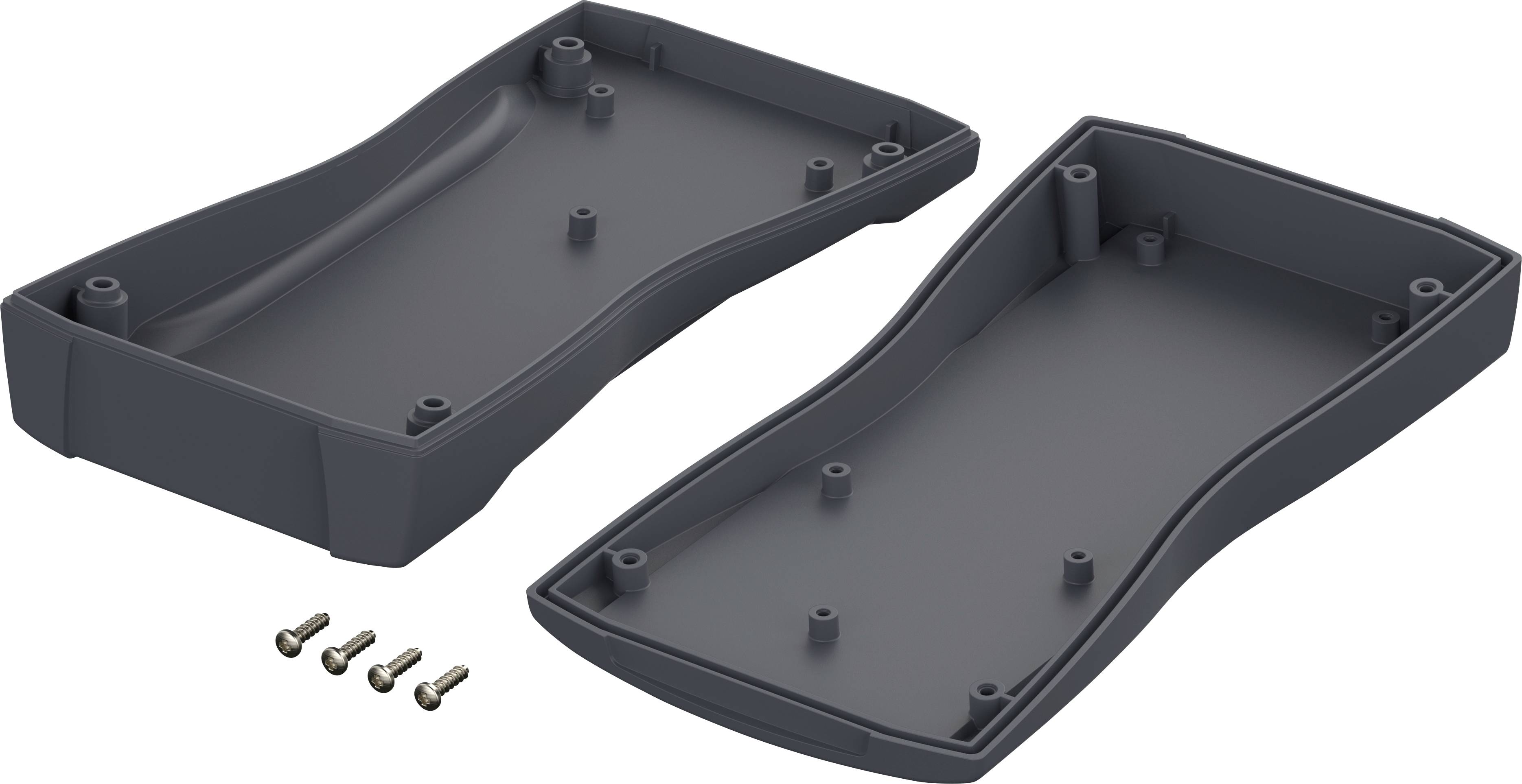 Gehäuse für ein elektronisches Gerät, zweiteilig geöffnet, mit vier Schrauben.