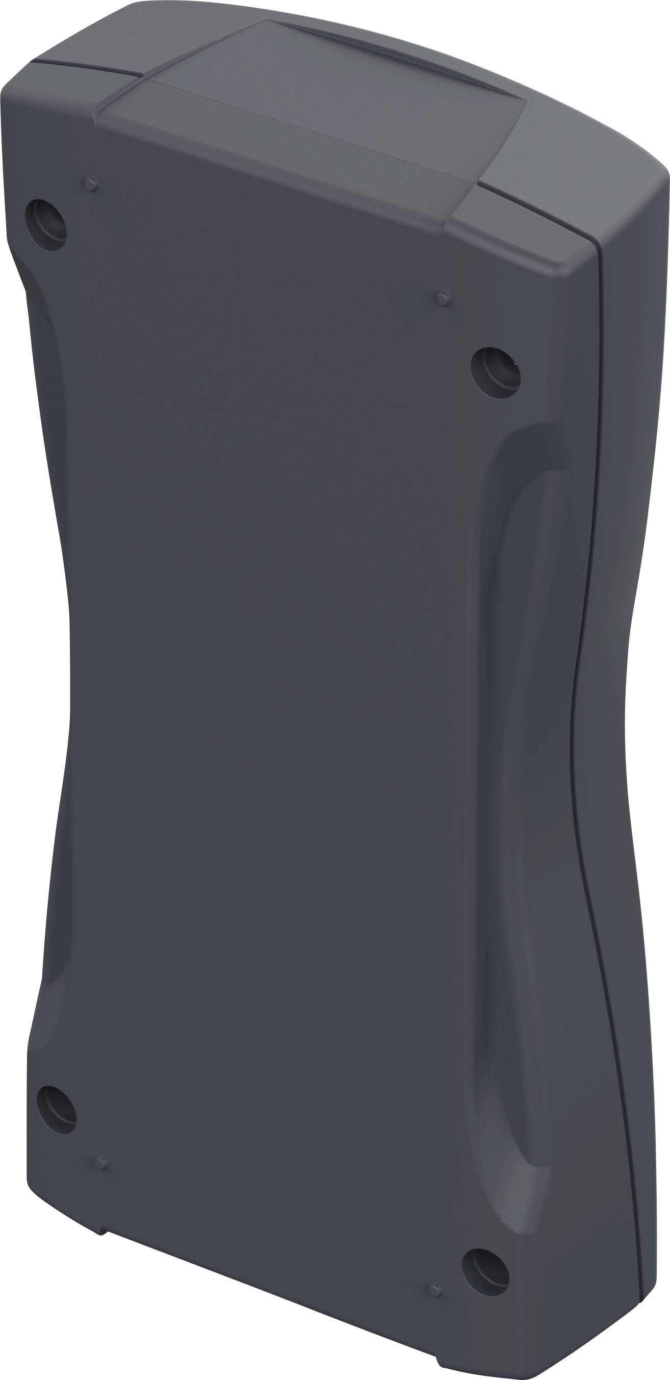 Ein dunkles, rechteckiges, handliches Gerät mit abgerundeten Kanten und vier Schrauben an den Ecken.