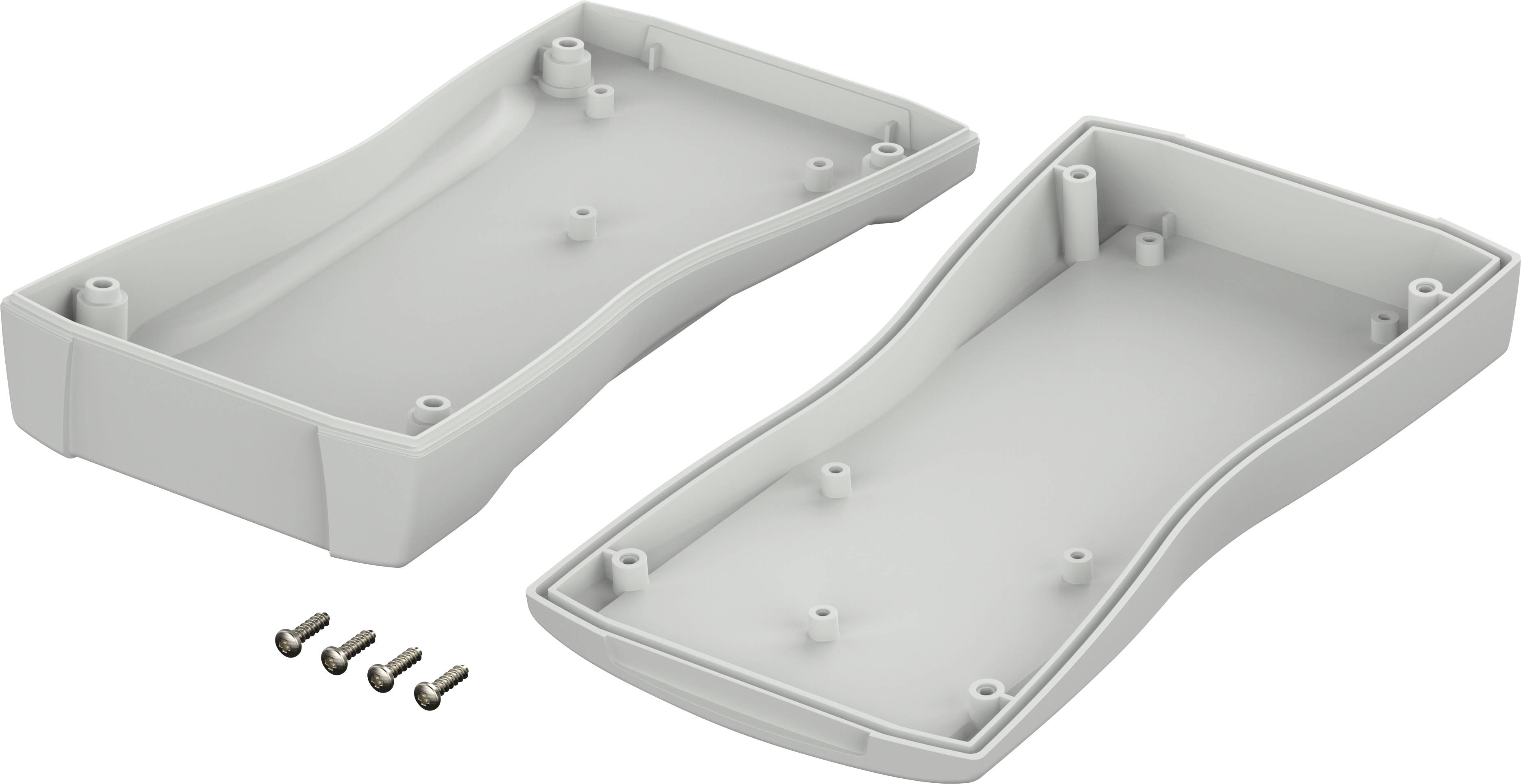 Graues, zweiteiliges Kunststoffgehäuse mit vier Schrauben. Gehäusehälften sind offen und zeigen innere Struktur zur Montage.