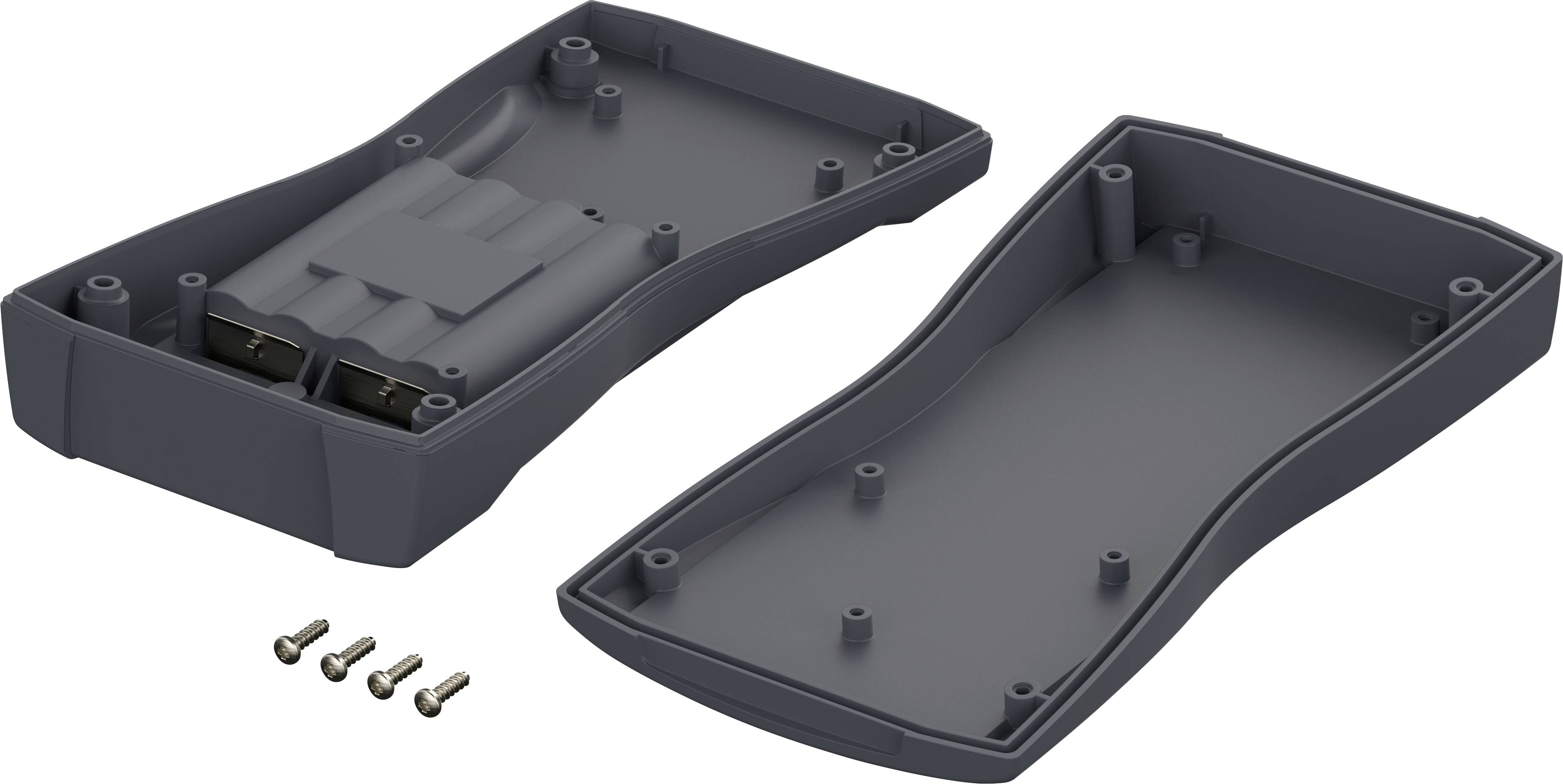 Geöffnetes graues Gehäuse in zwei Hälften, gezeigt mit vier kleinen Schrauben daneben, bereit zum Zusammenbau oder Austausch von Komponenten.