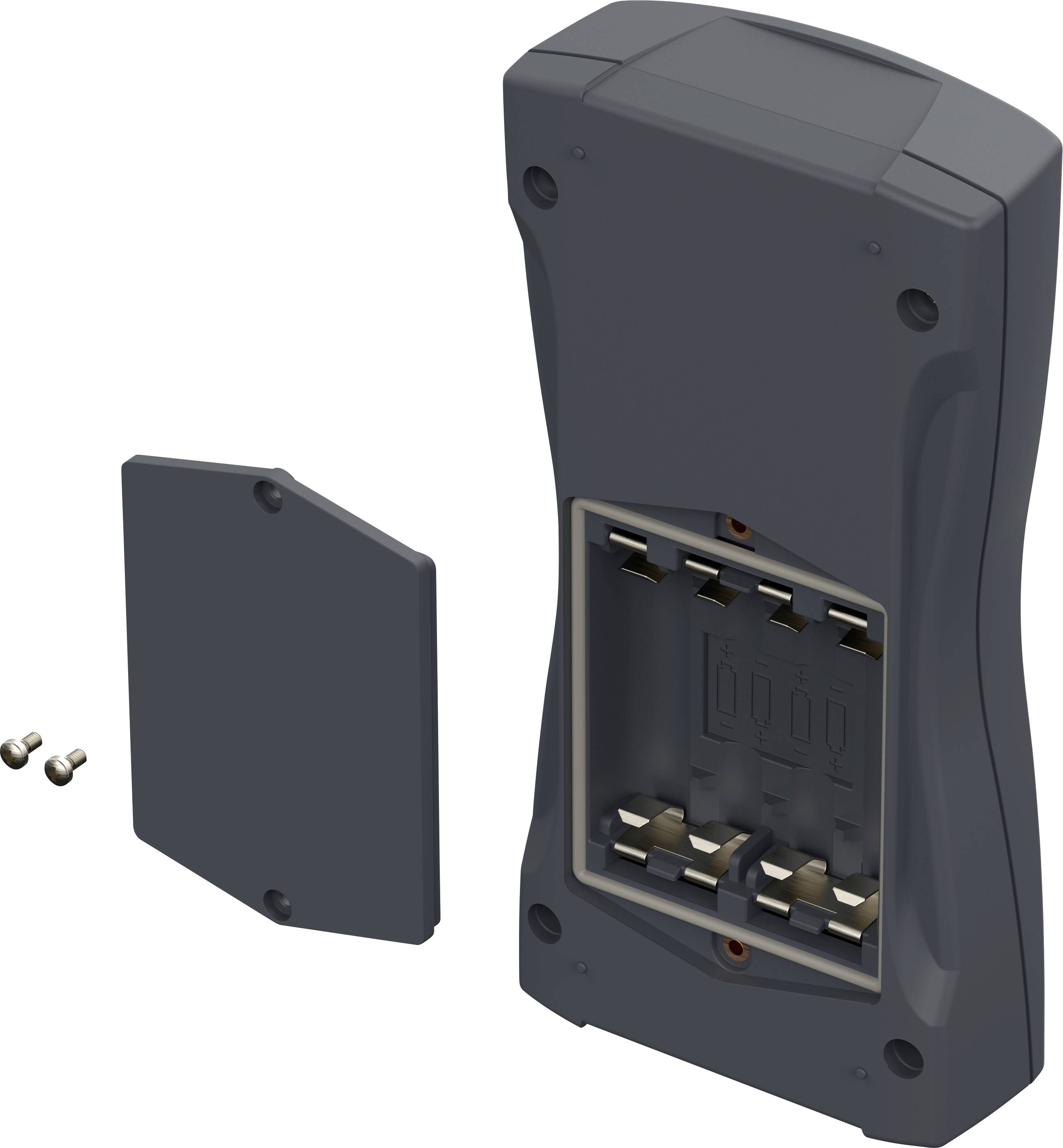 Rückseite eines Geräts zeigt offenes Batteriefach mit vier leeren Batteriefächern, abgenommenem Deckel und zwei kleinen Schrauben.
