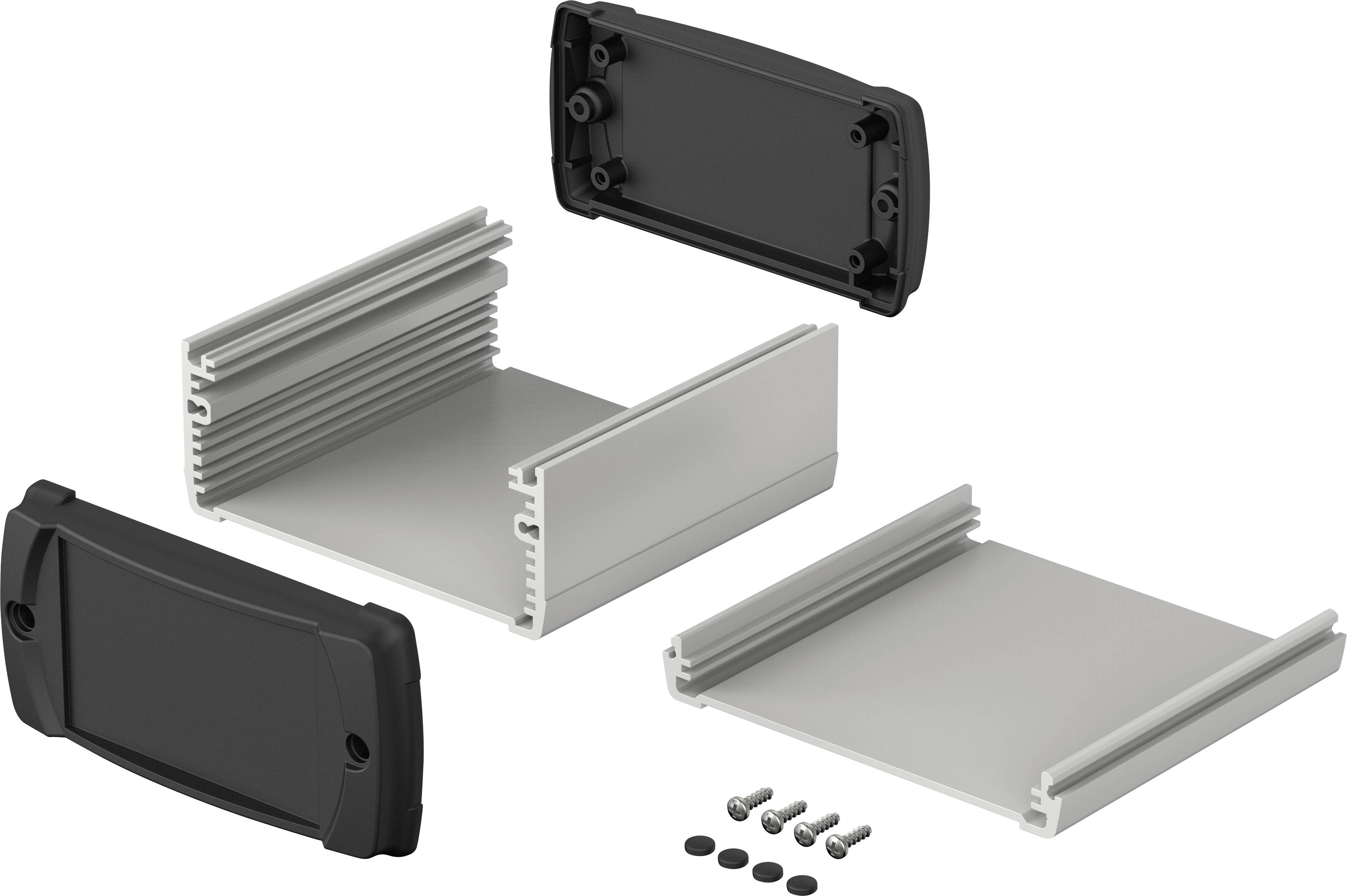 Ein graues elektronisches Gehäuse in Einzelteilen, bestehend aus Seitenwänden, Ober- und Unterteil, Endkappen und Schrauben.