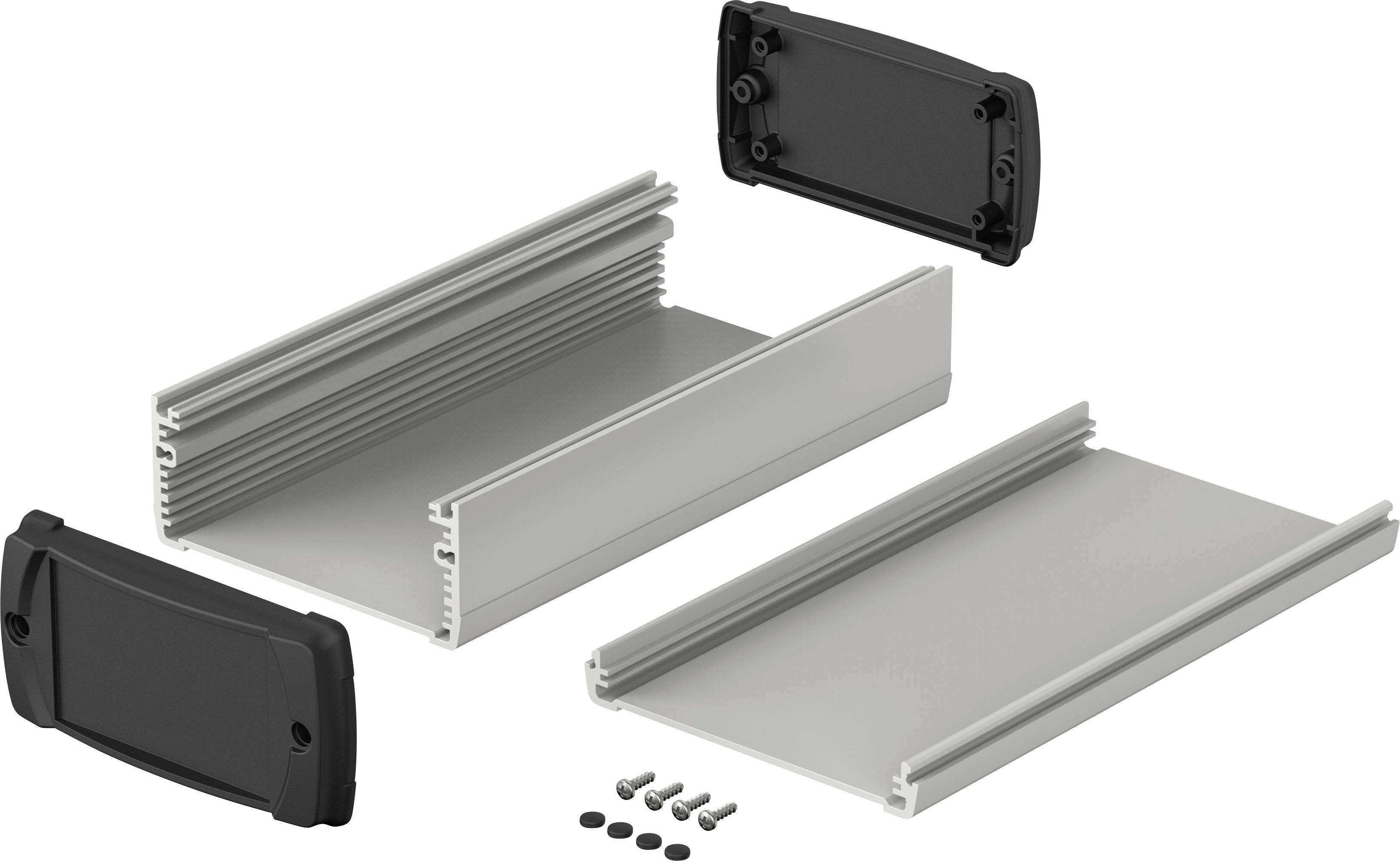 Ein zerlegtes Aluminiumgehäuse mit zwei Enddeckeln und Schrauben. Die Teile sind für den Zusammenbau eines elektronischen Gehäuses bestimmt.