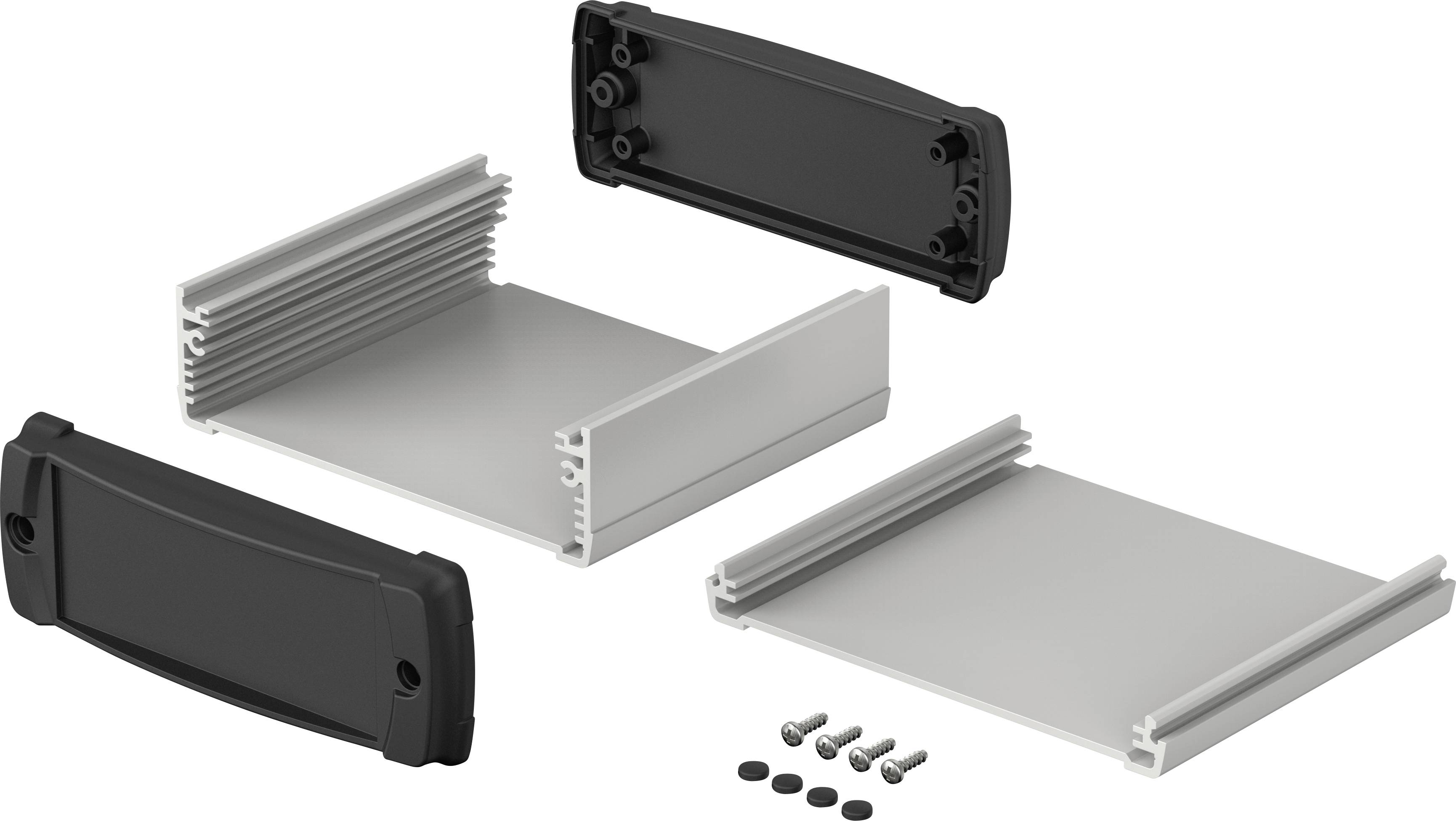 Elektronikgehäuse-Bausatz mit Aluminiumgehäuse, schwarzen Endkappen und Schrauben, separat dargestellt.