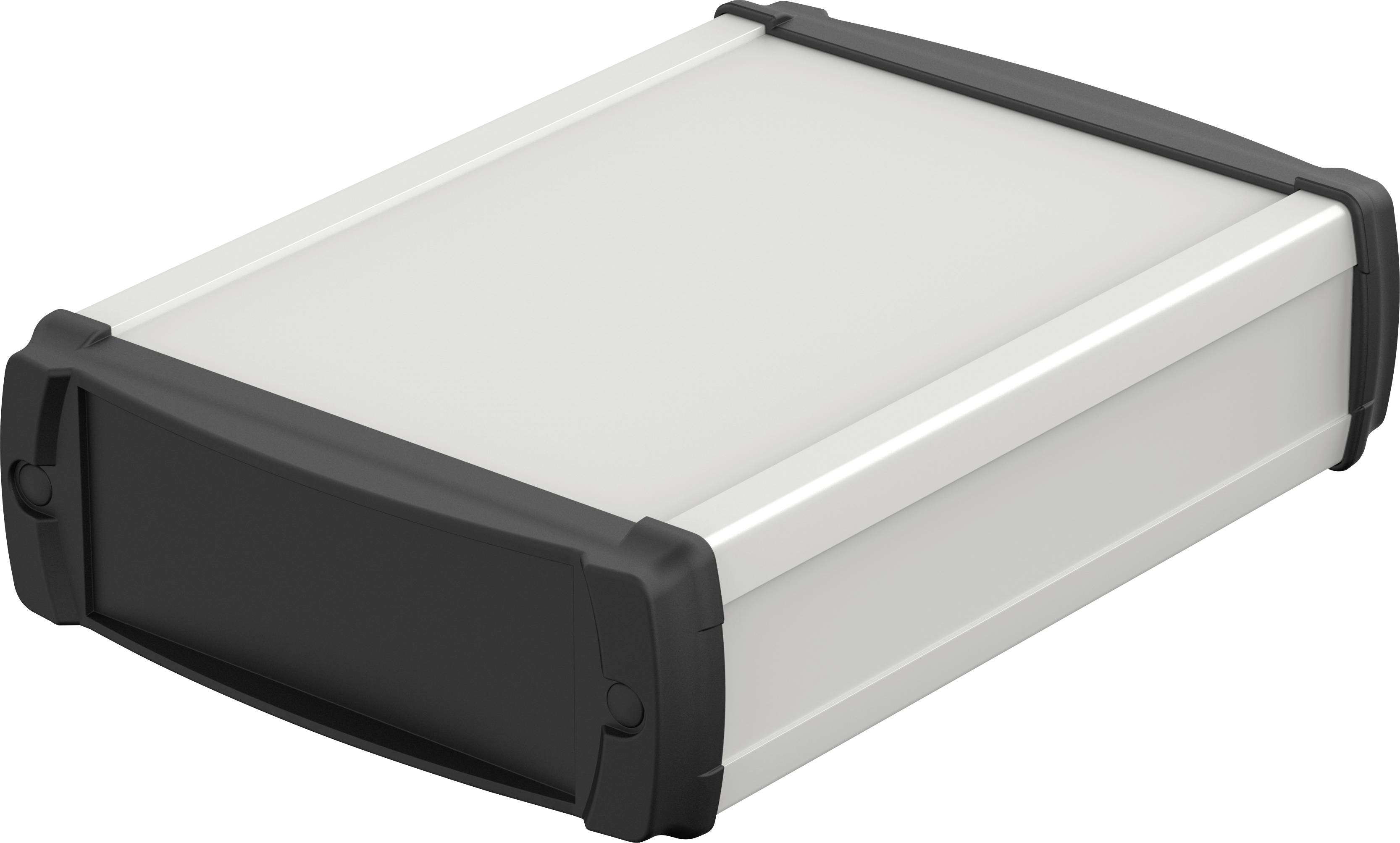 Ein rechteckiges Aluminiumgehäuse mit schwarzen Kunststoff-Endkappen, geeignet für Elektronikgeräte oder Baugruppen.