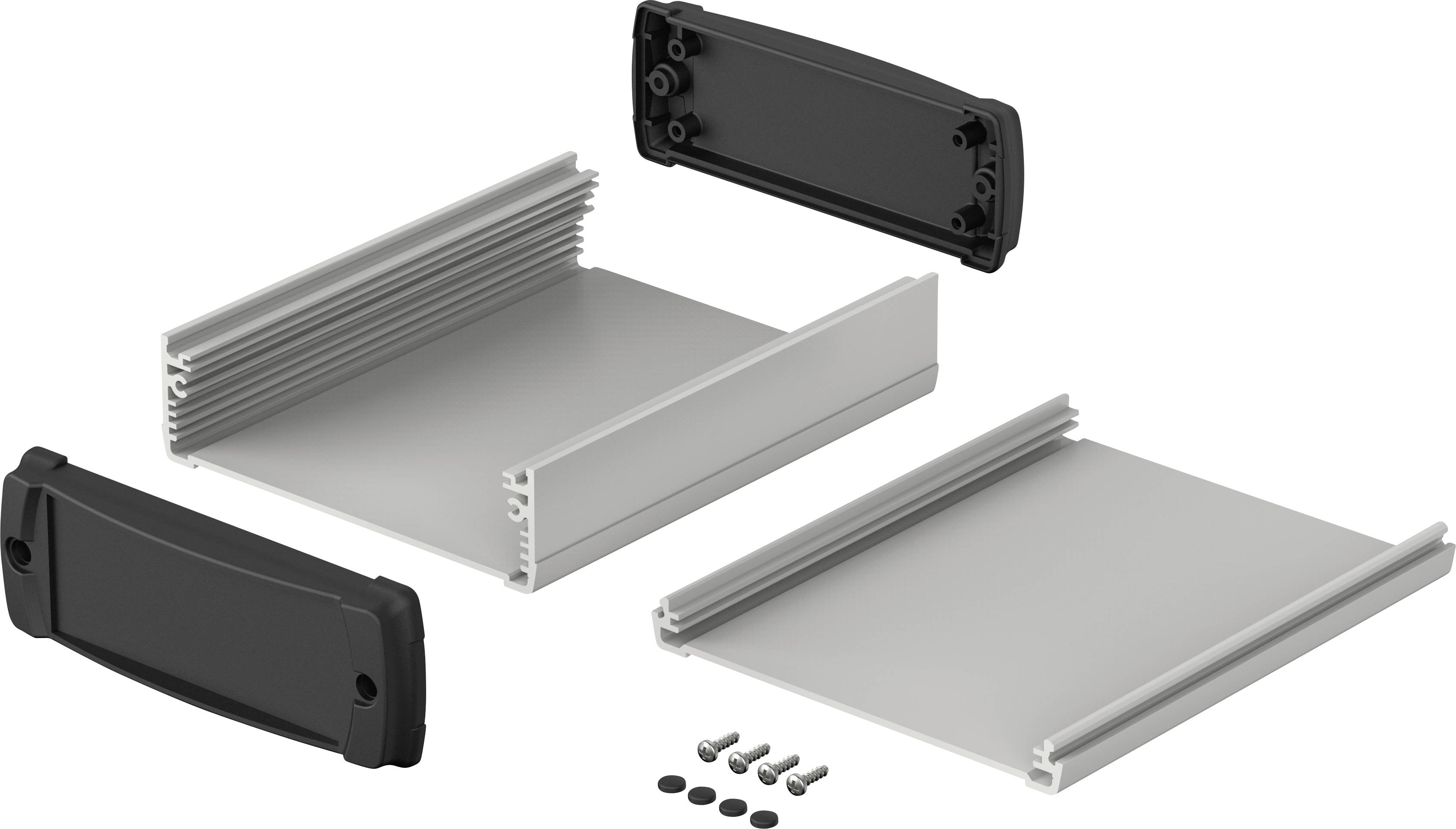 Metallgehäusebausatz in Einzelteilen: graues Gehäuse, schwarze Endkappen, Schrauben und Unterlegscheiben. Geeignet für Elektronik.