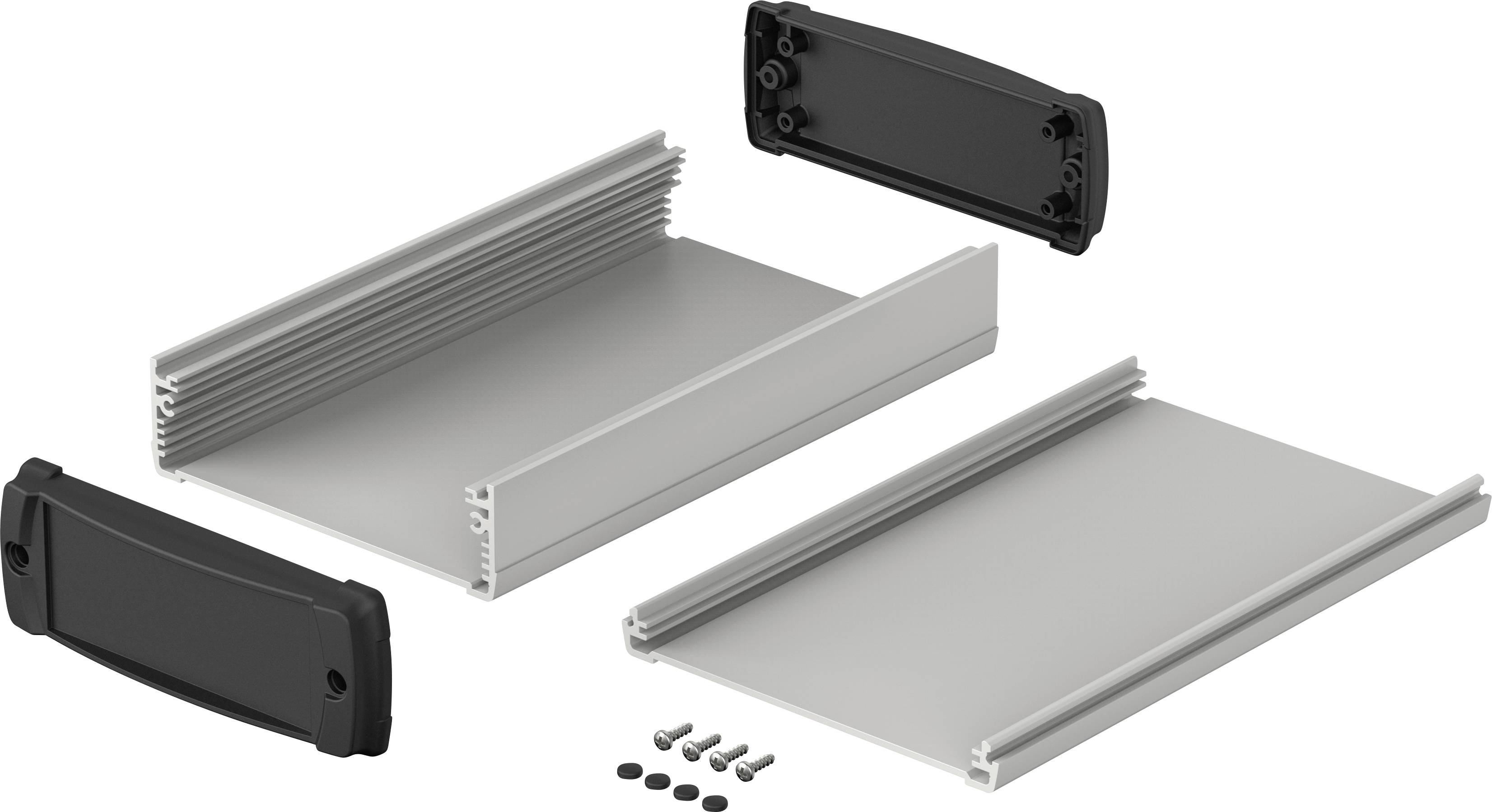 Metallrahmen mit schwarzen Kunststoffkappen und Schrauben, die ein Gehäuse bilden. Hauptsächlich für Elektronikgehäuse verwendet.