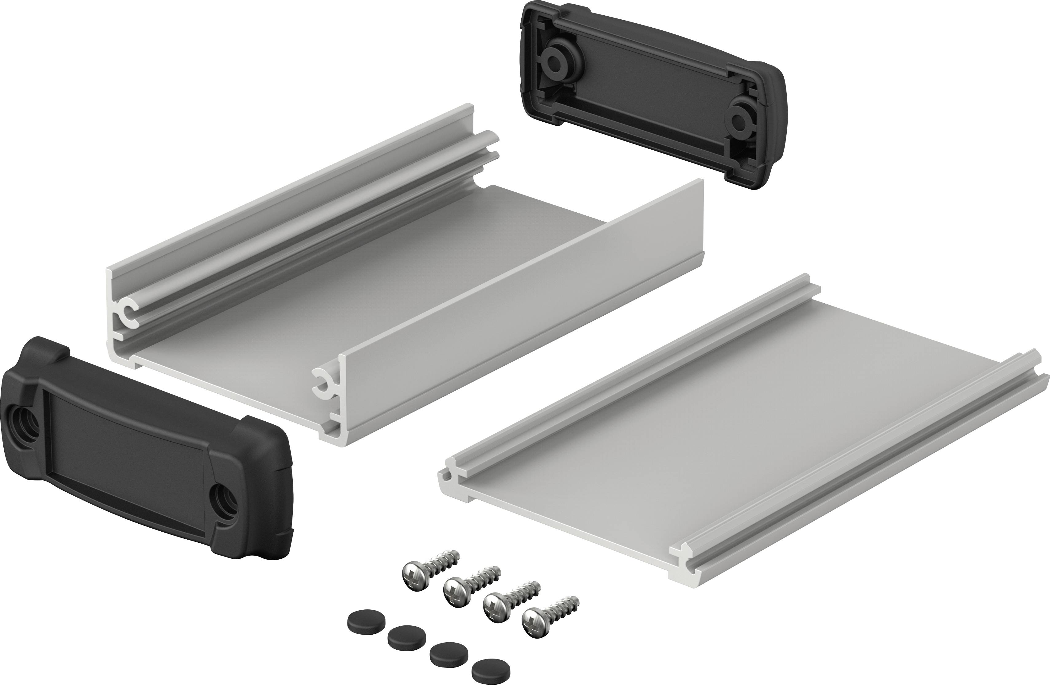 Silbernes und schwarzes Elektronikgehäuse-Bausatz, bestehend aus zwei Seitenschienen, Deckplatte, Montagefüßen und Schrauben.