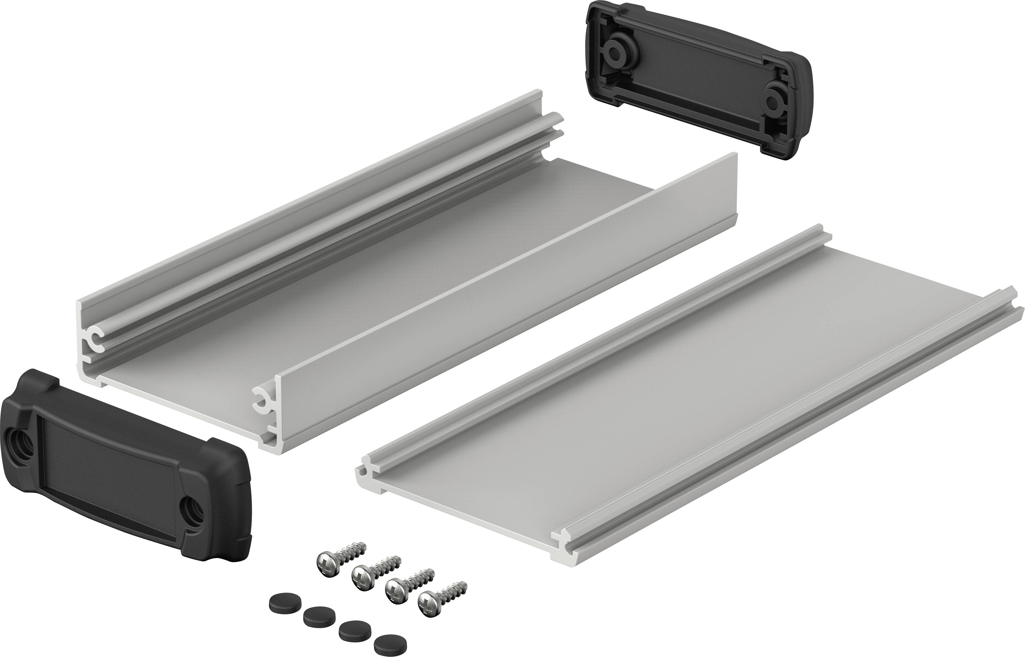 Aluminium-Rahmenprofile mit schwarzen Kunststoff-Endkappen und Schrauben, zerlegt und auf weißen Hintergrund dargestellt.