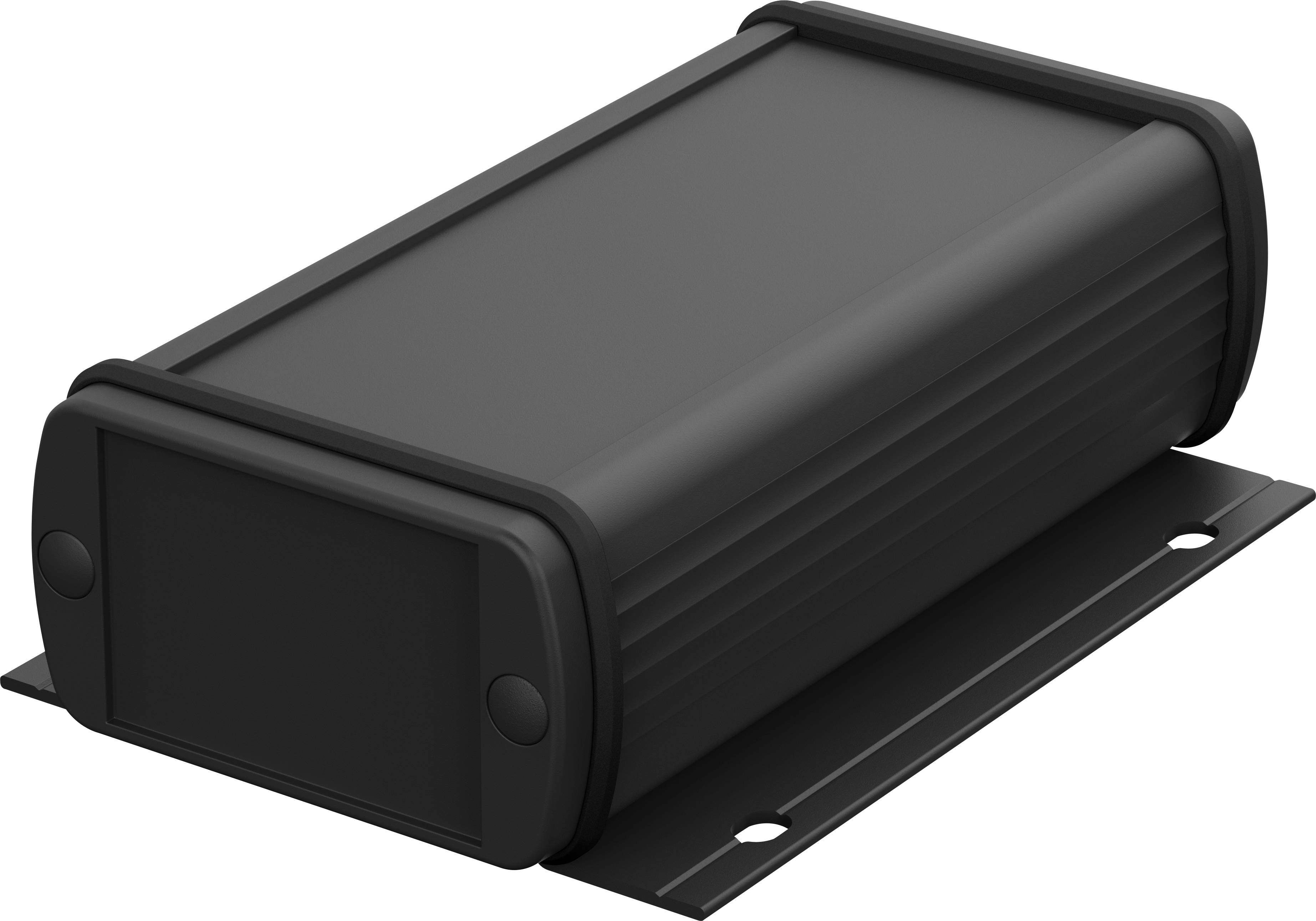 Schwarzes, rechteckiges elektronisches Gerät in einem Gehäuse, das auf einer Halterung montiert ist.