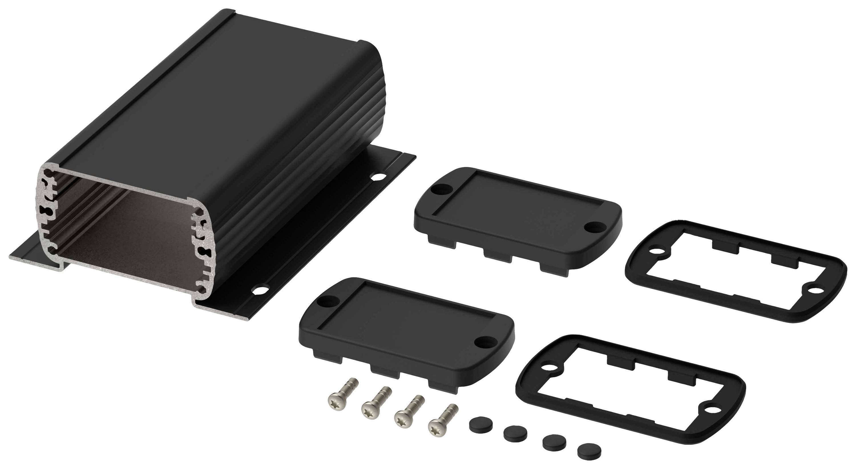 Schwarzes rechteckiges Gehäuse aus Metall mit abnehmbaren Endkappen, Schrauben und Dichtungen, geeignet für elektronische Komponenten.
