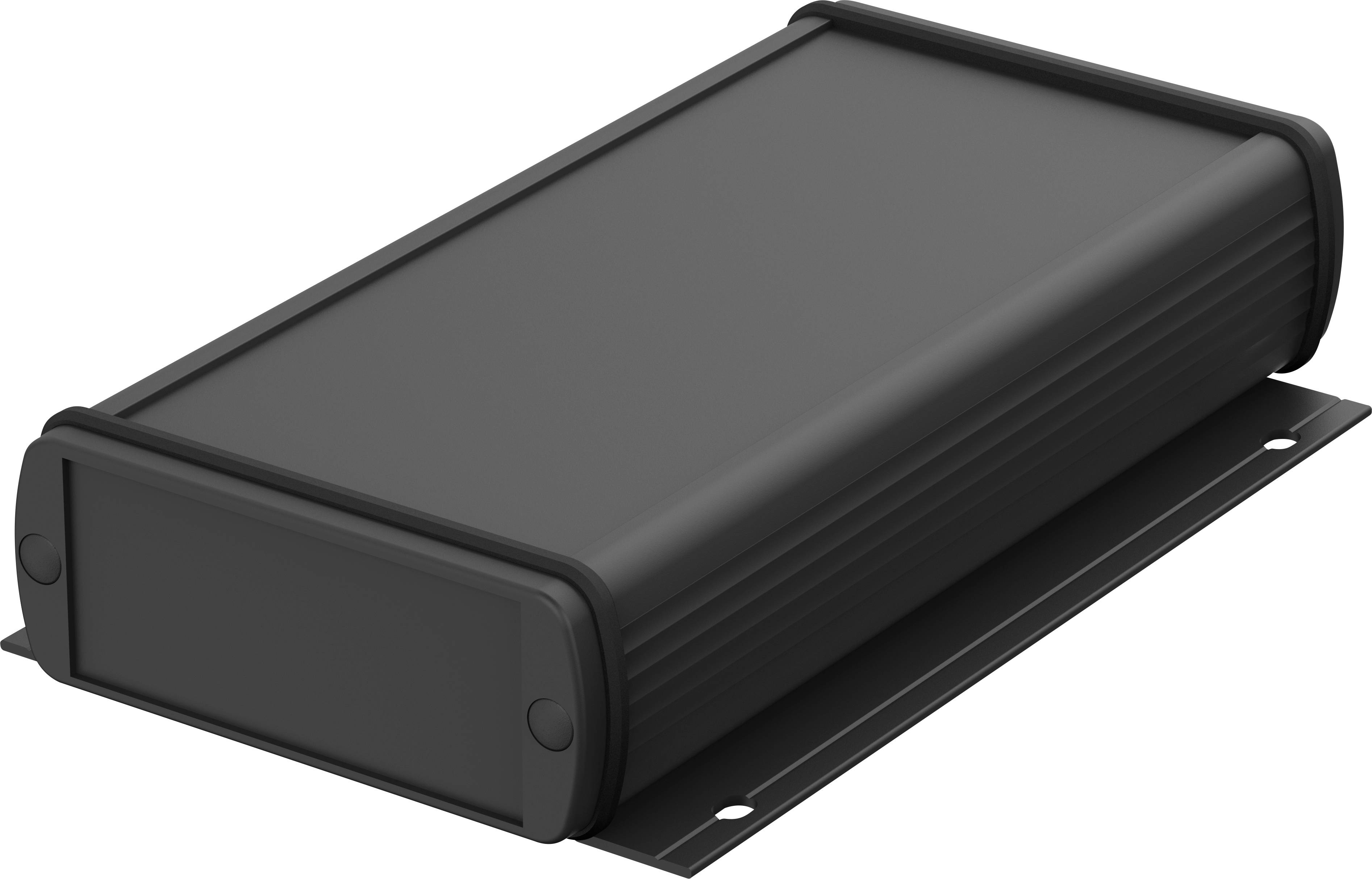 Ein rechteckiges schwarzes Gerät mit abgerundeten Kanten und Befestigungslöchern an der Unterseite, möglicherweise ein elektronisches Gehäuse.