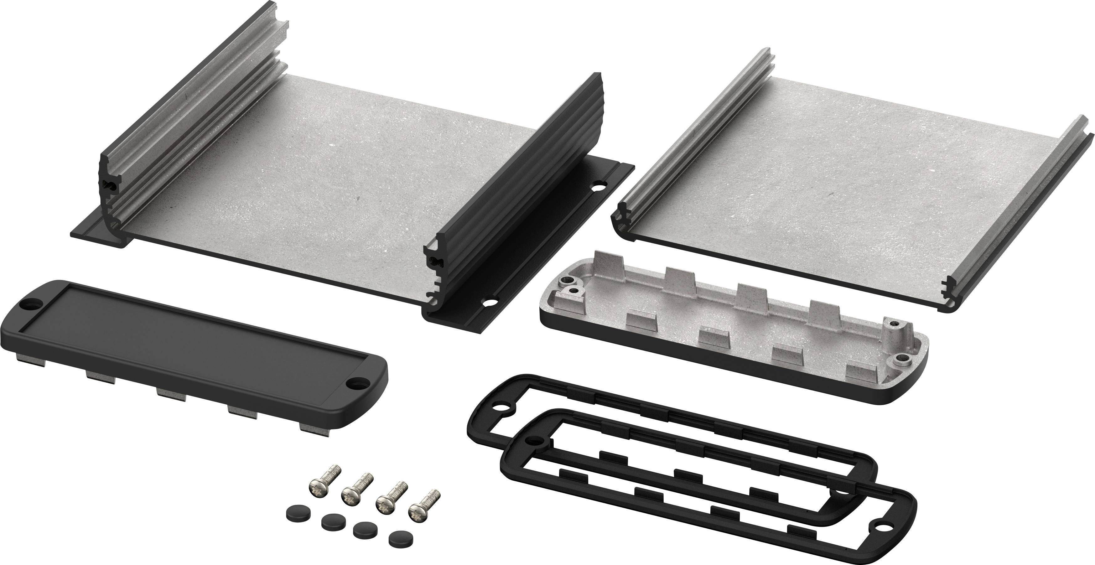 Zerlegte Gehäuseteile aus Metall und Kunststoff, bestehend aus Grundplatte, Seitenwänden, Deckel, Schrauben und Dichtungen.