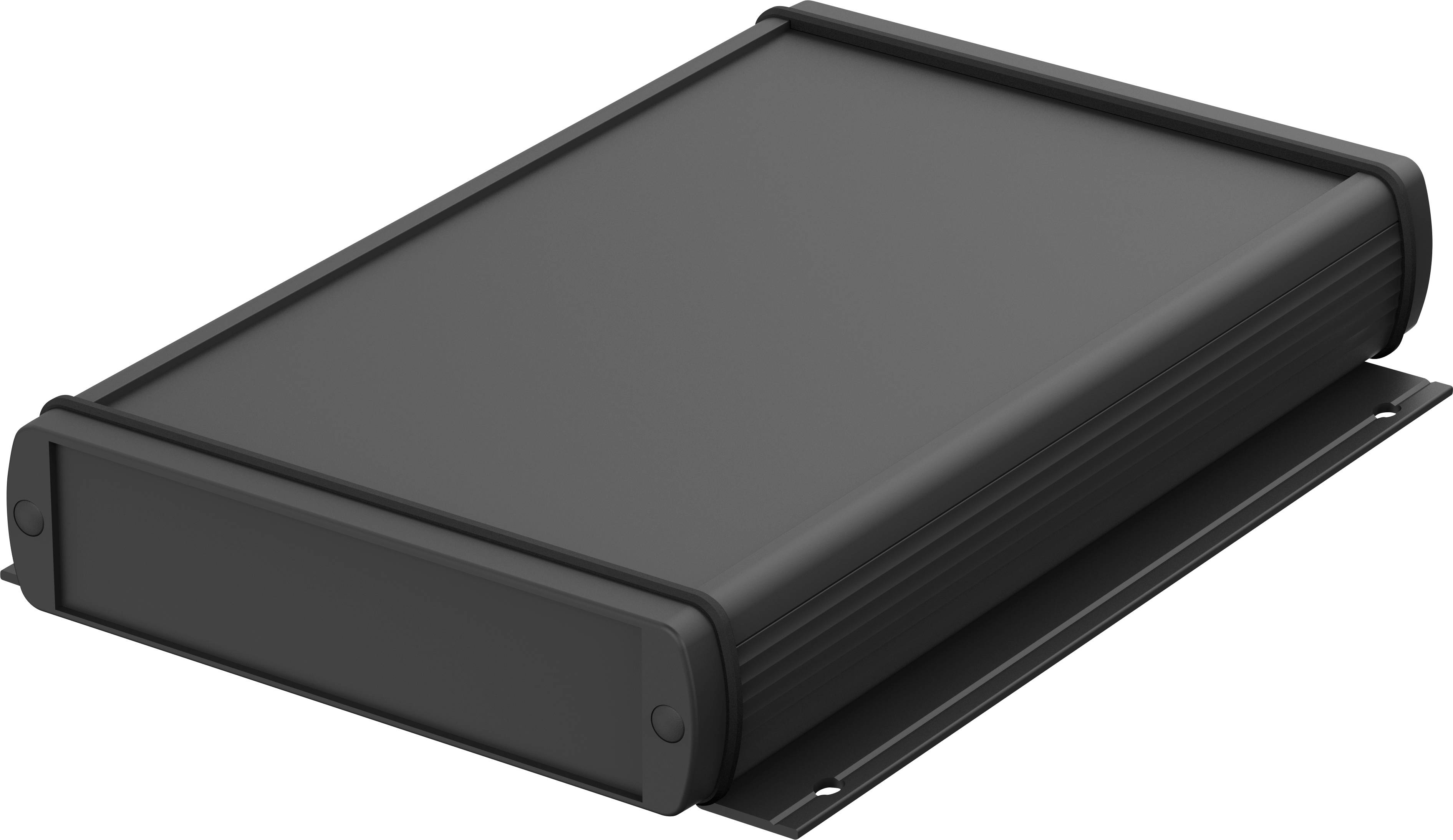 Ein rechteckiges, schwarzes Metallgehäuse mit abgerundeten Kanten und befestigter Montageplatte.