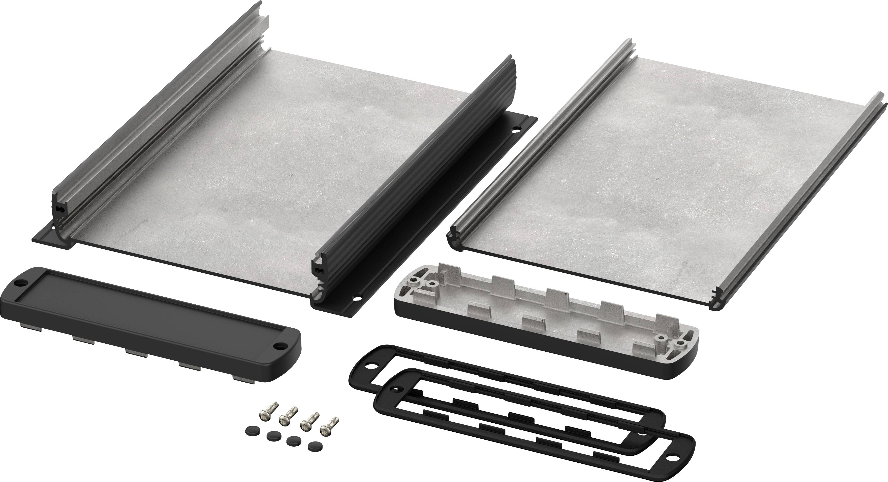 Zerlegtes Gehäuse aus Metall und Kunststoff mit Schrauben und Abdeckungen. Bestandteile liegen organisiert zur Montage bereit.