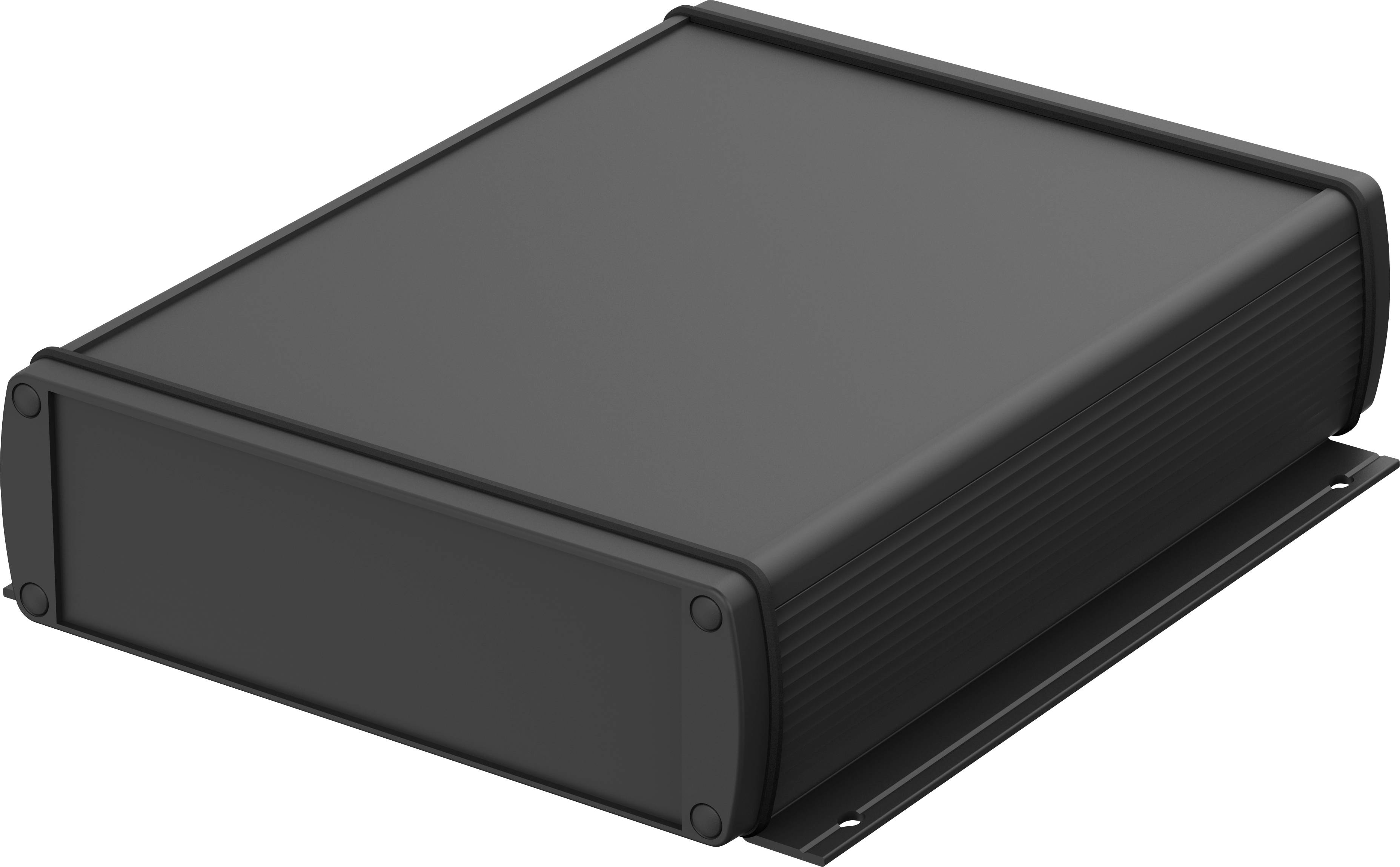 Ein schwarzes, rechteckiges Metallgehäuse mit abgerundeten Ecken, geeignet für den Einbau elektronischer Komponenten.