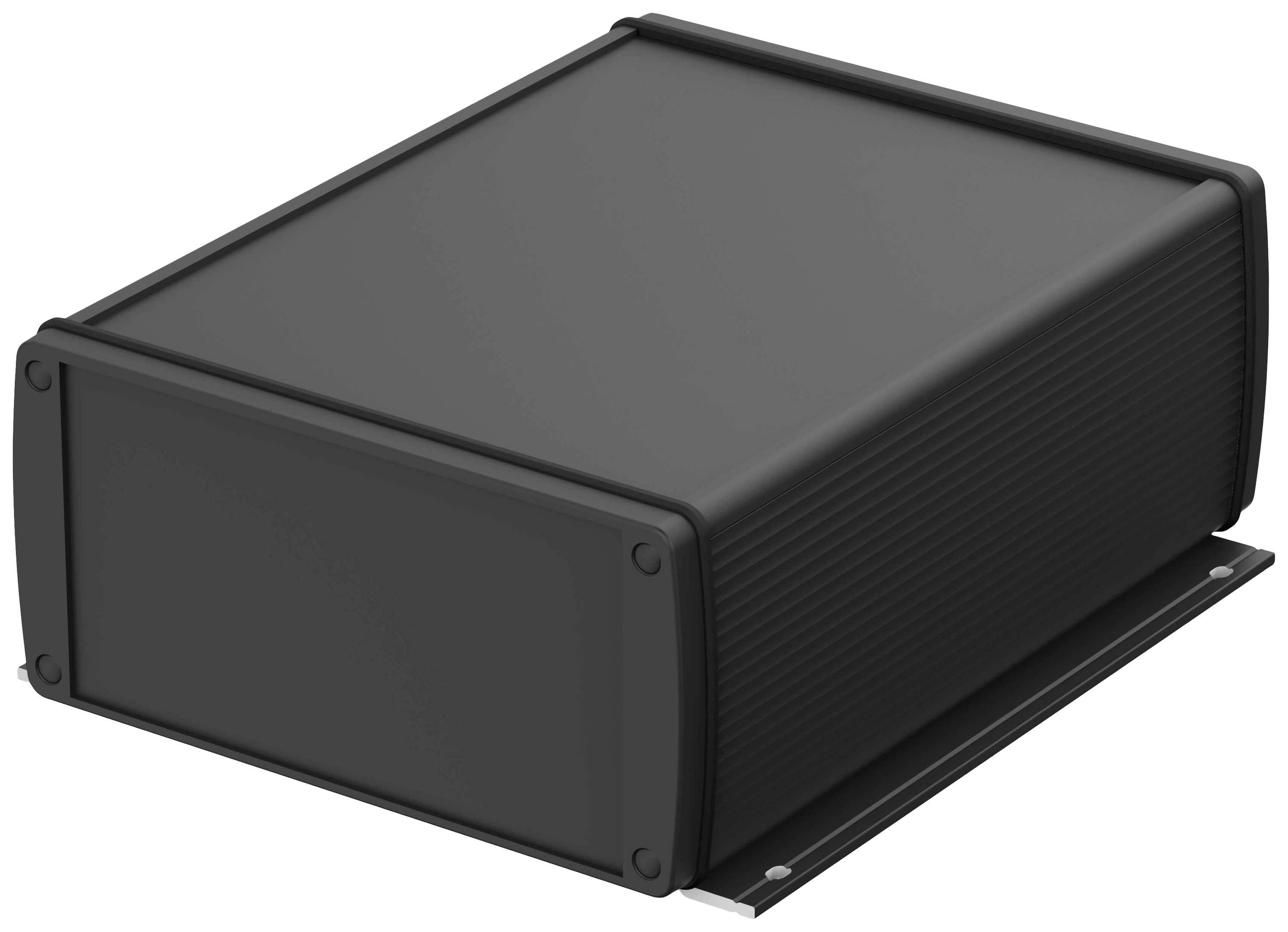 Ein schwarzes, rechteckiges Gehäuse aus Metall mit abgerundeten Kanten und Montageplatte, vermutlich für elektronische Geräte.