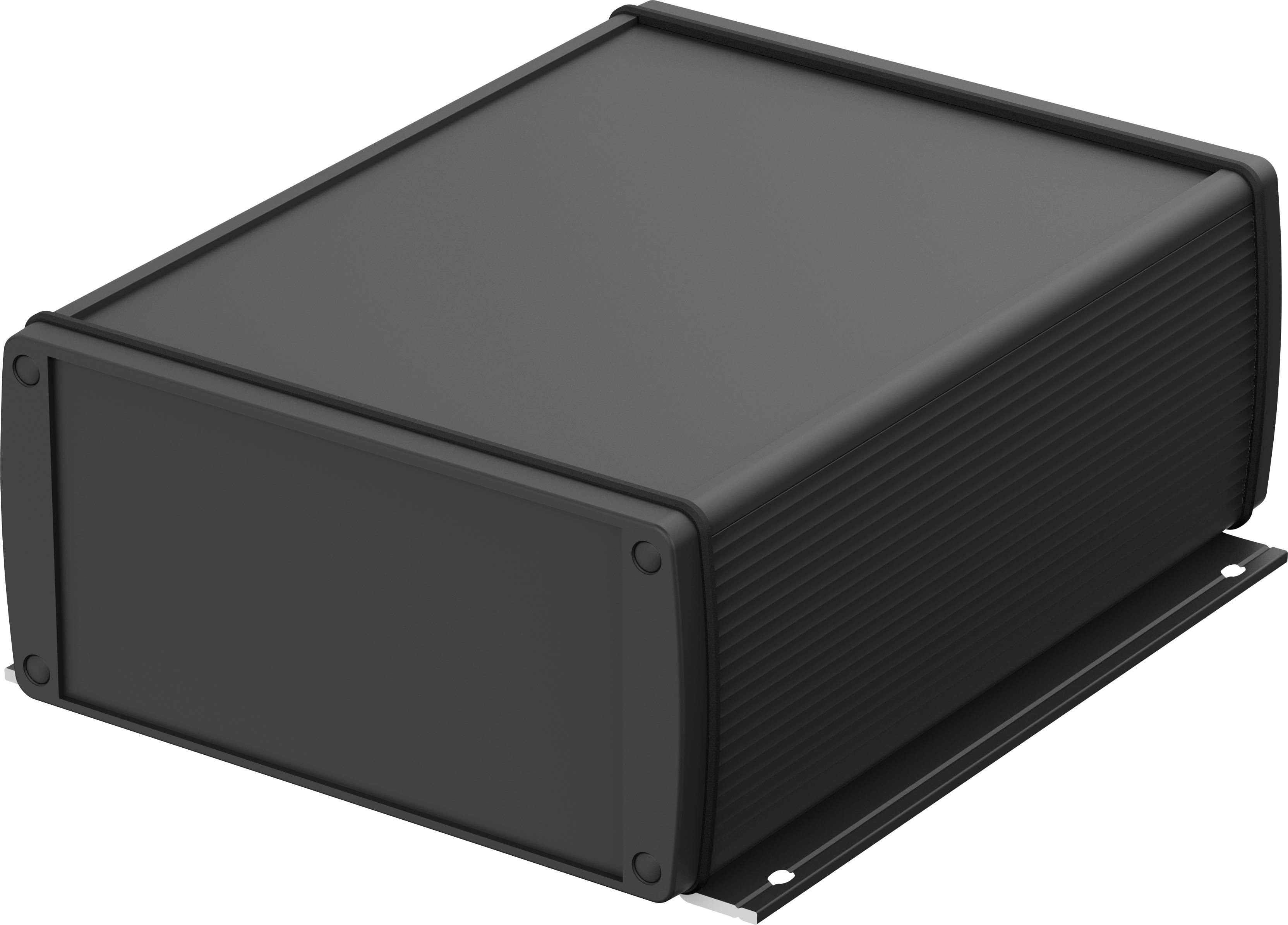 Schwarzes, rechteckiges Gehäuse aus Kunststoff mit glatter Oberfläche, geeignet für elektronische Geräte.