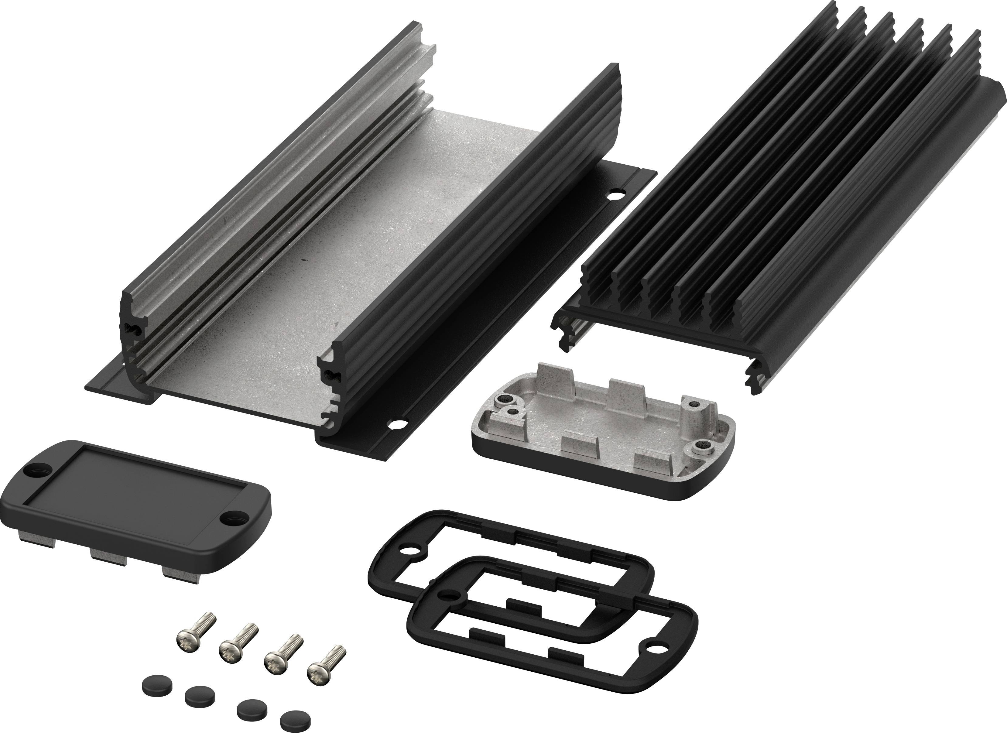Elektronisches Gehäuse-Set in Einzelteilen: zwei Aluminiumteile mit Kühlrippen, Montageplatten, Schrauben und Dichtungen.