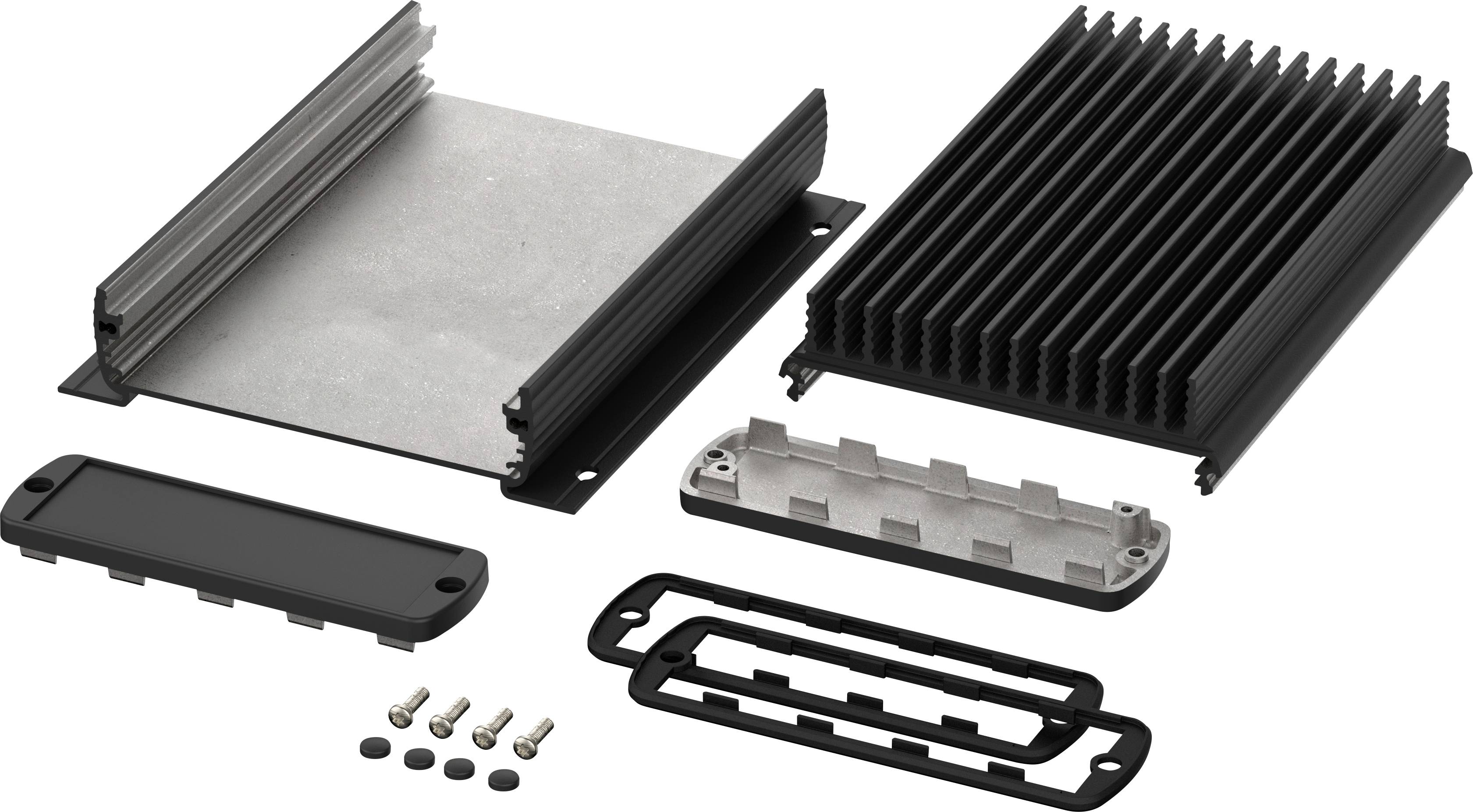 Aluminium-Gehäusebausatz mit abnehmbaren Kühlkörpern und Schrauben, geeignet für elektronische Geräte zur Wärmeableitung und Schutz.