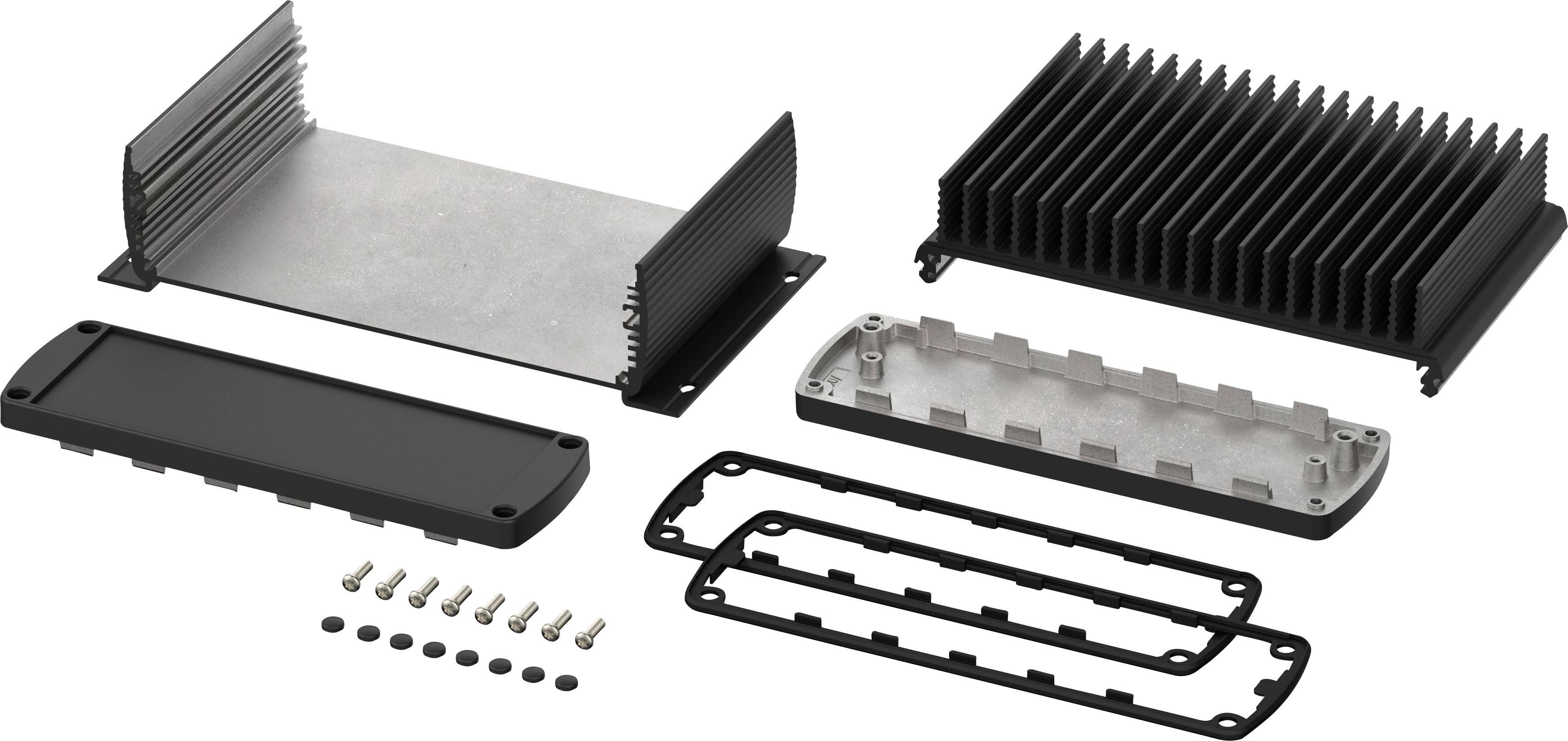 Explosionszeichnung eines elektronischen Gehäuses mit Kühlkörper, Schrauben und Dichtungen. Zeigt alle Teile und deren Anordnung.