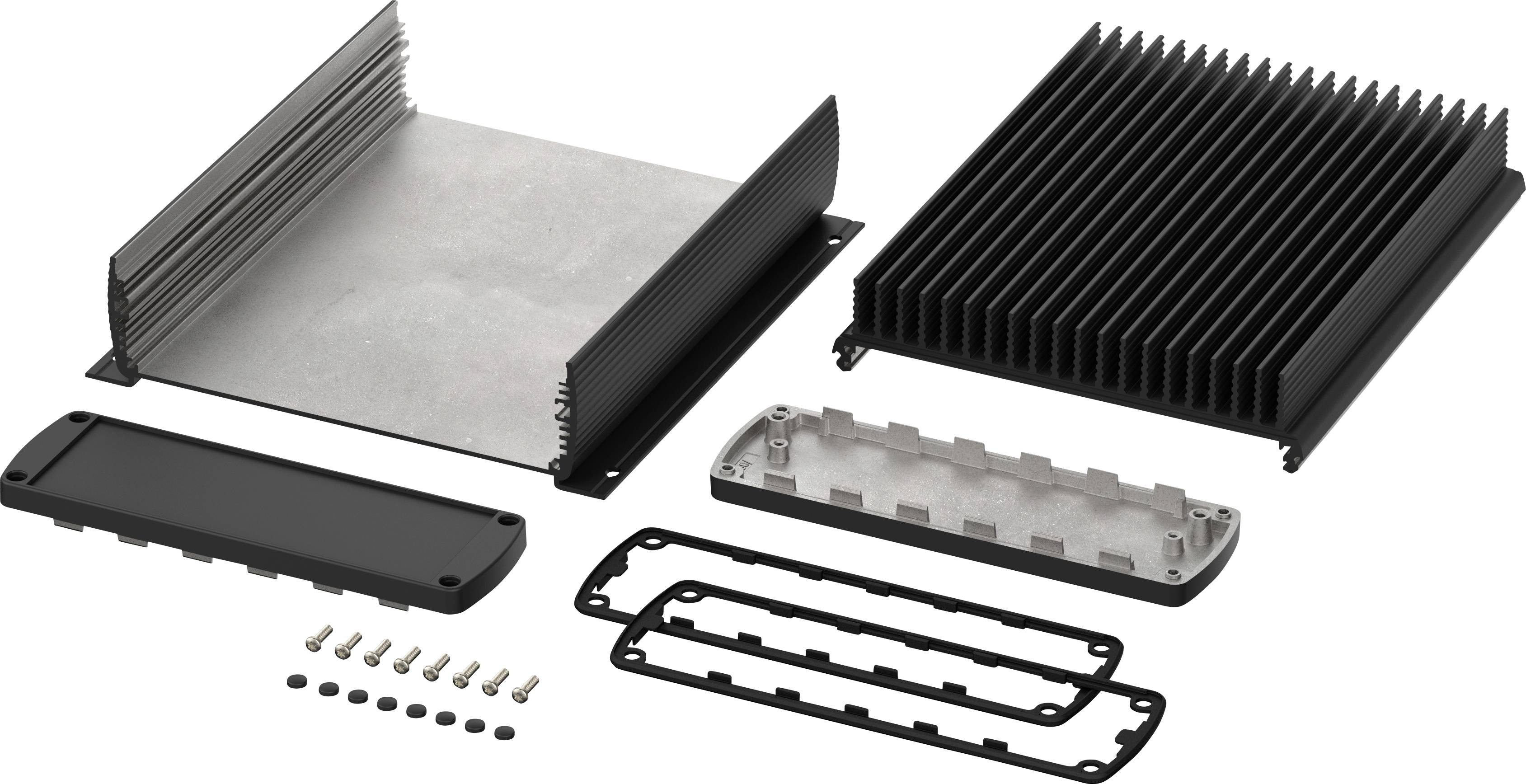 Ein auseinandergebautes Gehäuse eines Elektronikgeräts mit Kühlkörpern, Schrauben und Dichtungen, geeignet zur Wärmeableitung.