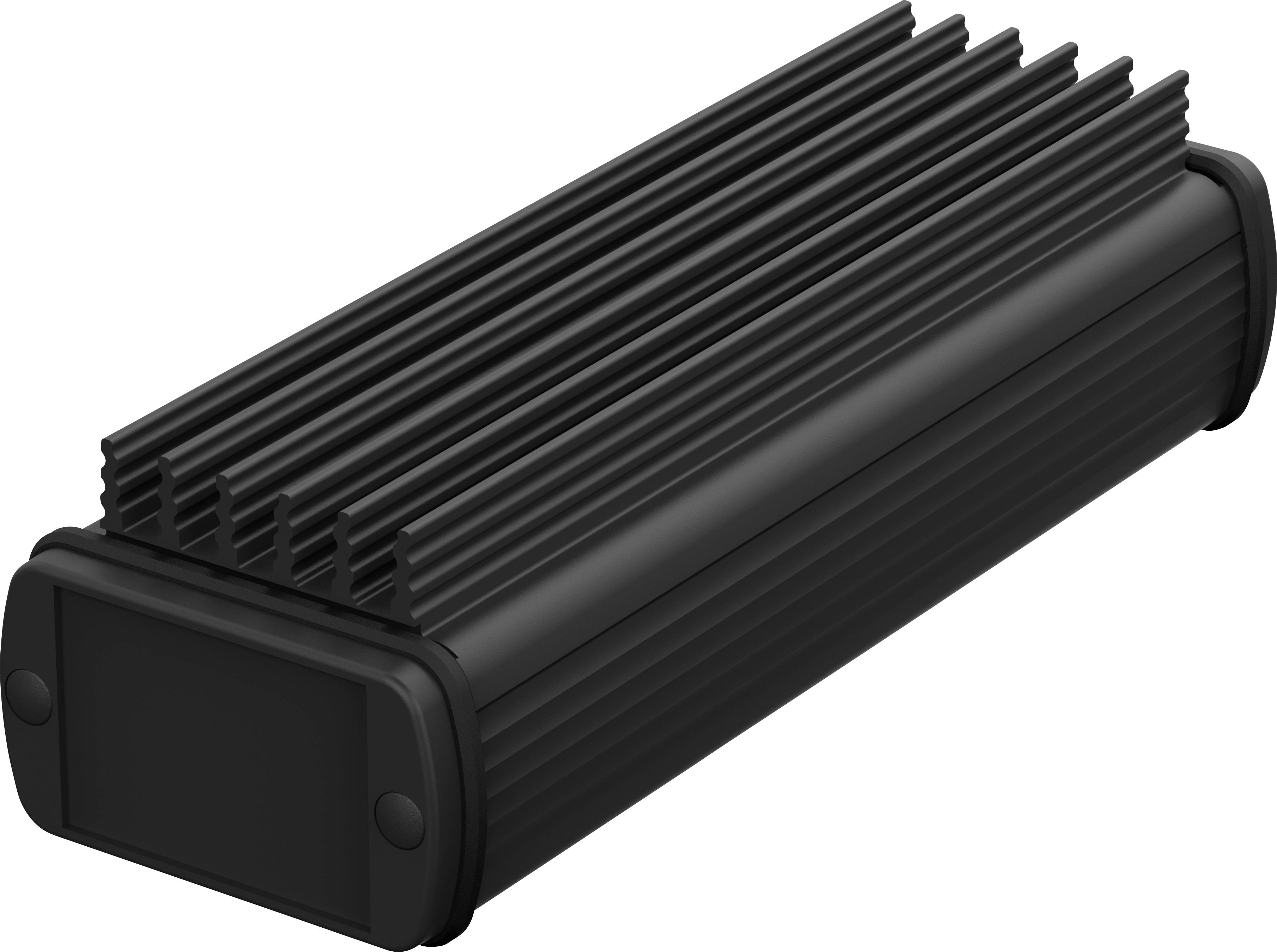 Ein schwarzes, rechteckiges Wärmeableitungsmodul mit gerippter Oberfläche und abgerundeten Enden.
