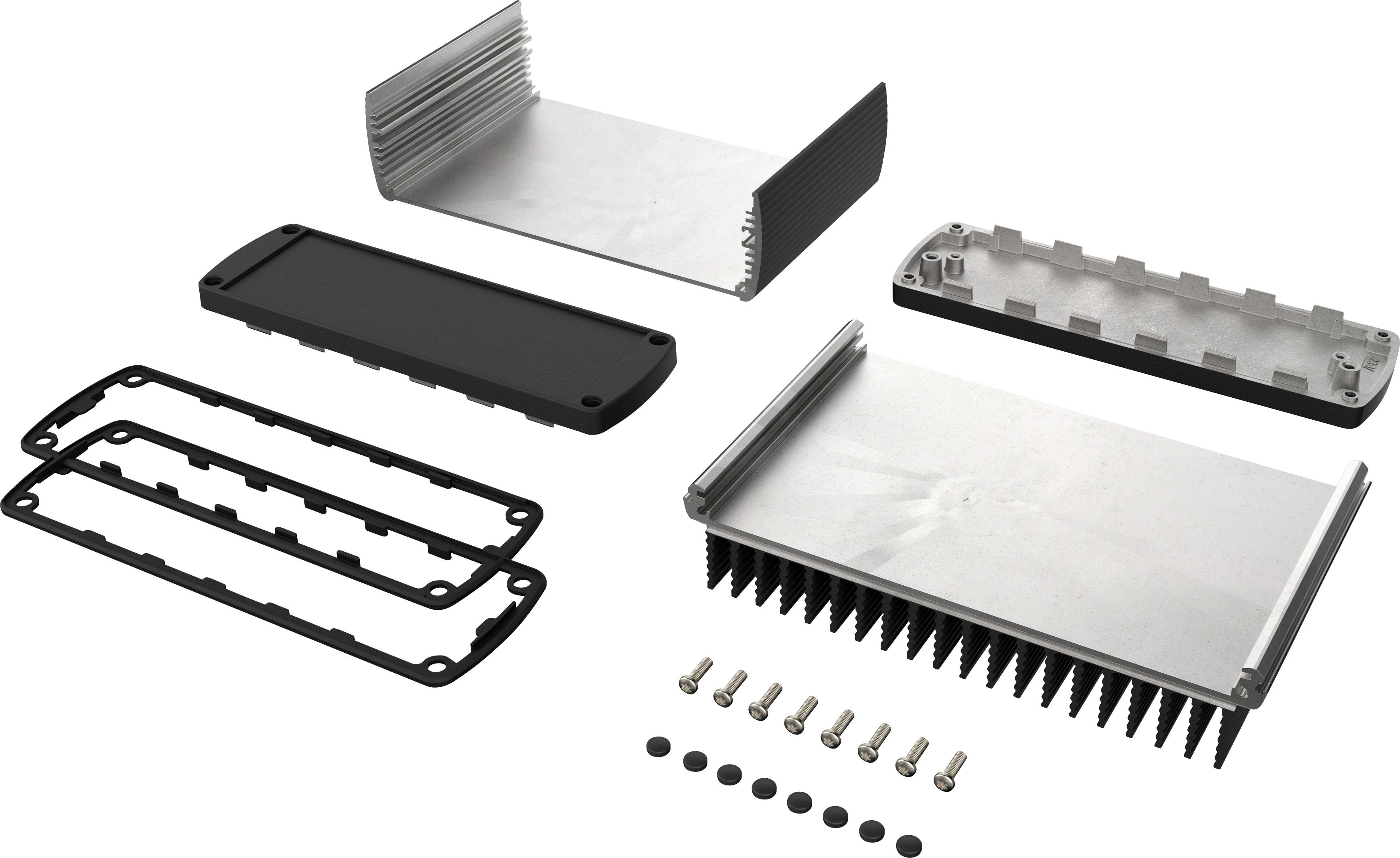 Explosionszeichnung eines Elektronikgehäuses mit Kühlkörper. Zeigt Gehäuseteile inklusive Deckel, Dichtung, Schrauben und Kühlrippen.