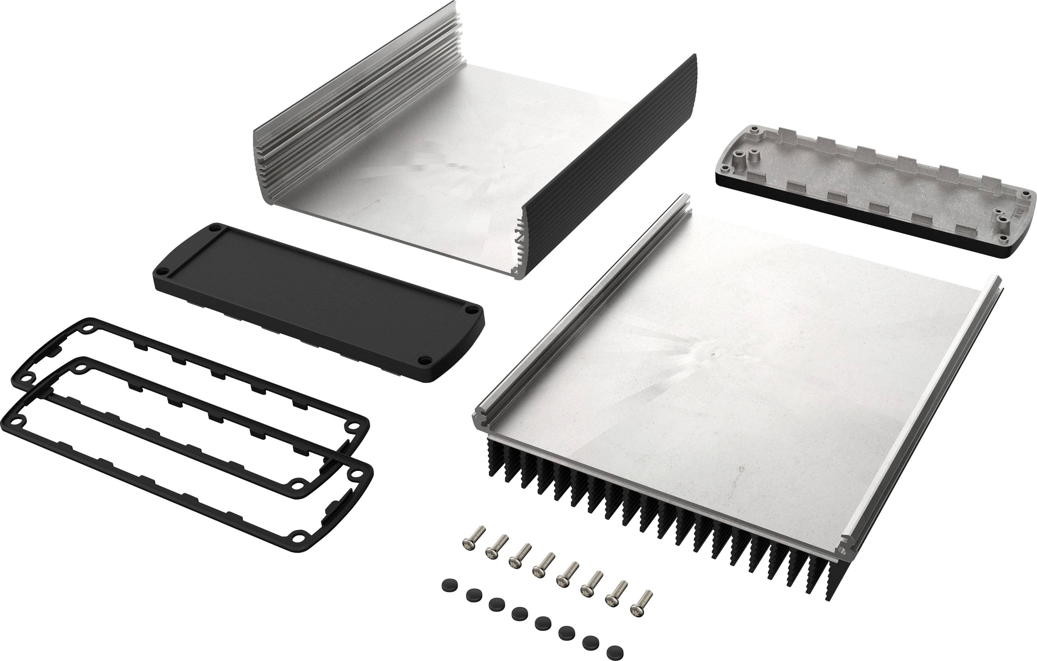 Metallplatten, Dichtungen und Schrauben auf weißem Hintergrund; Komponenten für einen industriellen Kühlkörper.