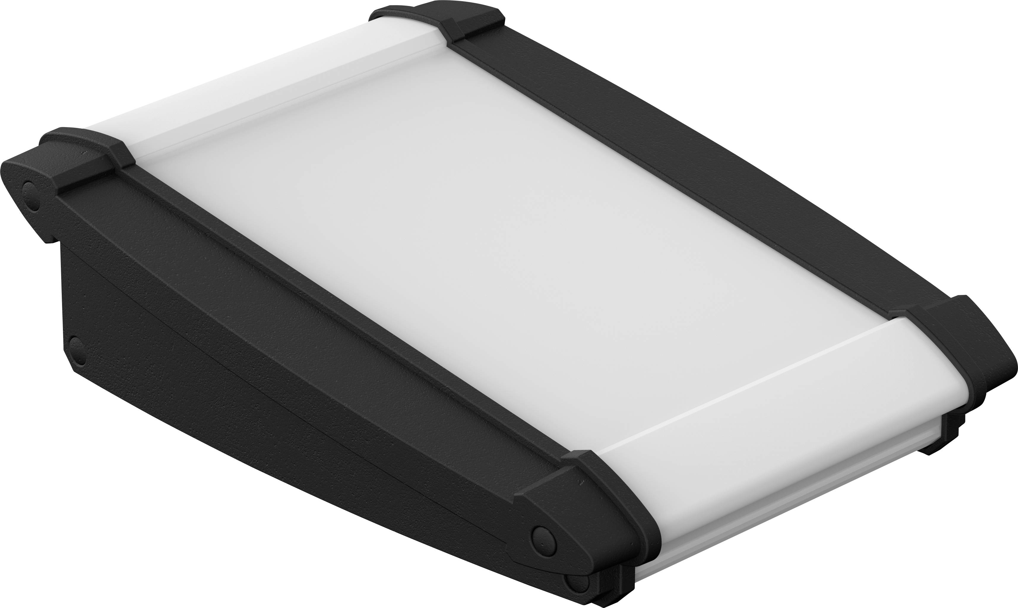 LED-Leuchte in rechteckiger Form, schwarz-weißes Design, seitliche Befestigungselemente, flaches Profil.