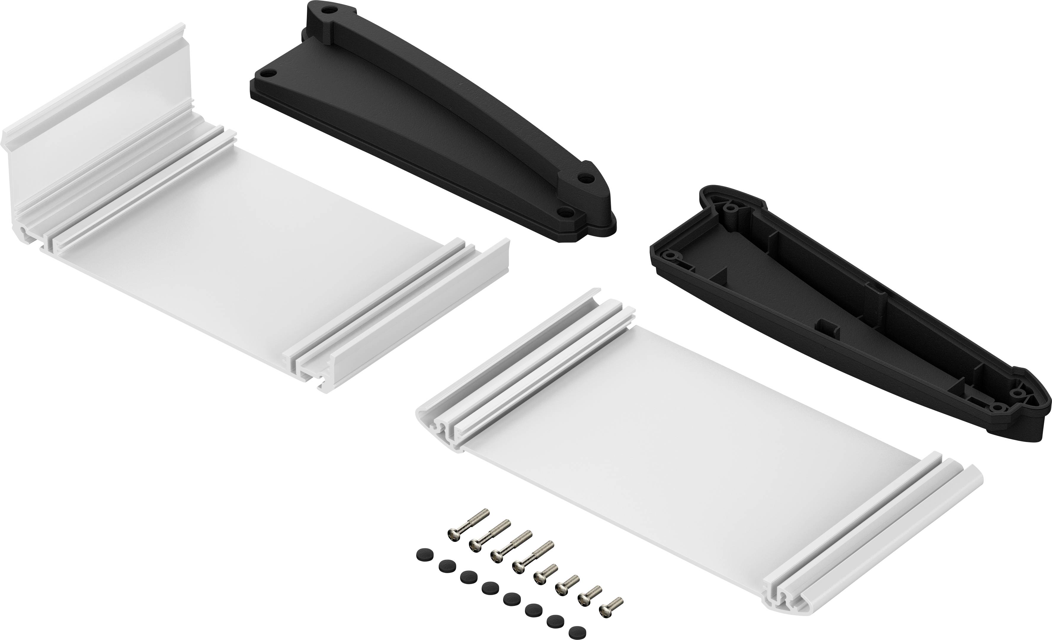 Zwei schwarze Halterungen, zwei weiße Kunststoffplatten und mehrere kleine Schrauben und Unterlegscheiben.