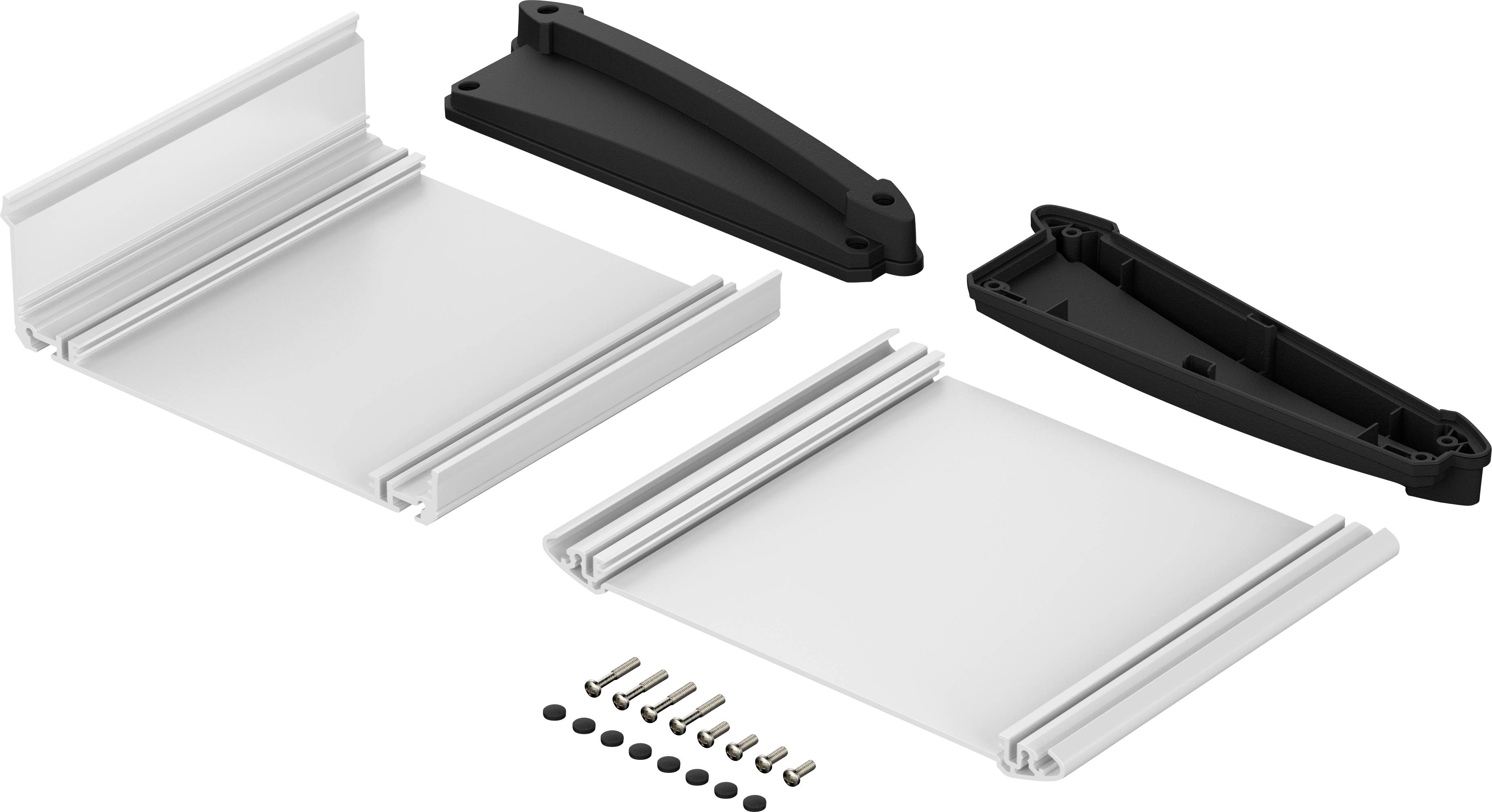 Vier weiße Kunststoffplatten und zwei schwarze Verbindungsstücke liegen mit mehreren Schrauben auf einer Oberfläche.