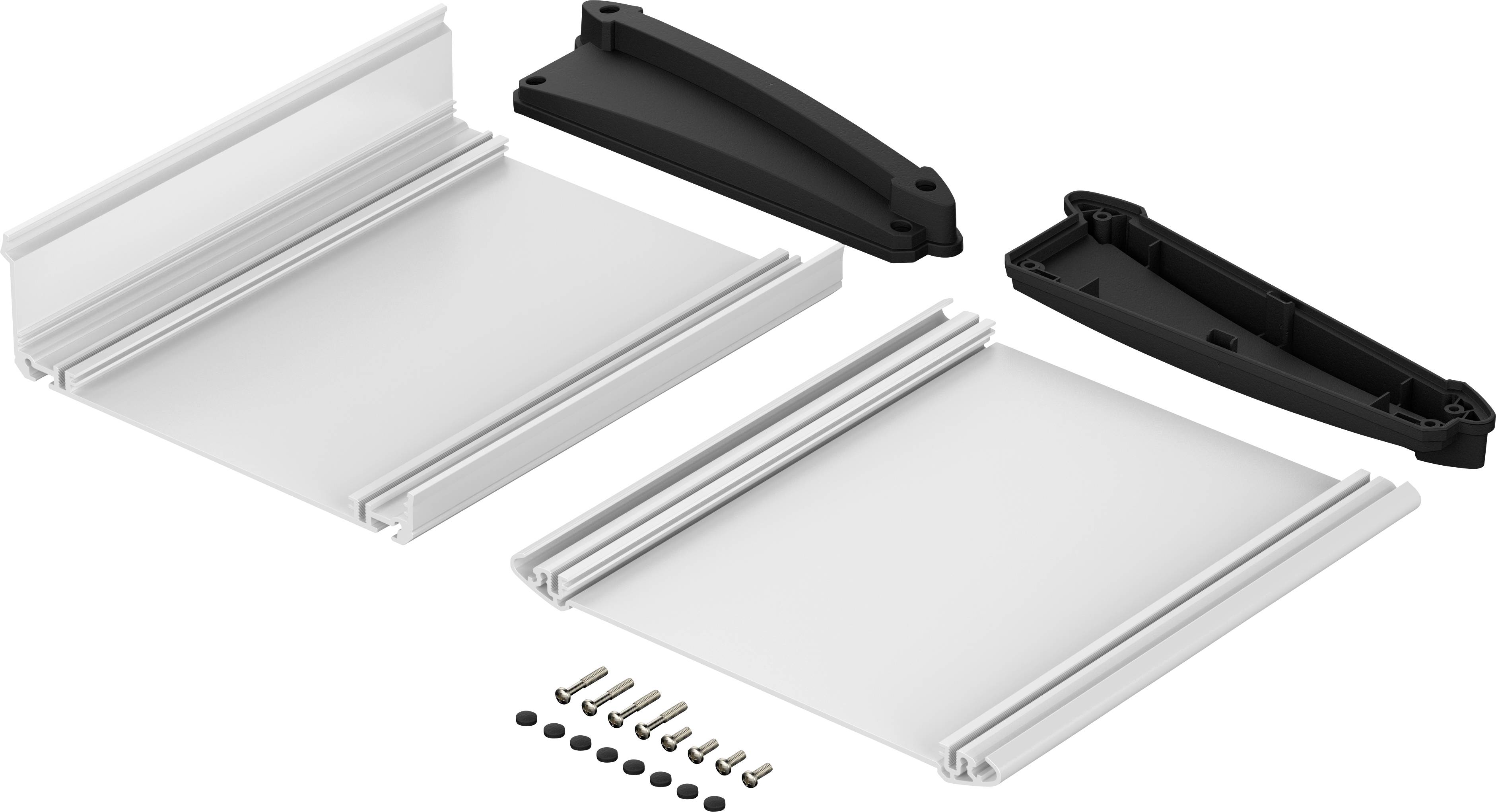 Zwei Aluminium-Schienen für die Montage, mit schwarzen Kunststoff-Endkappen und kleinen Schrauben und Bolzen in der Mitte.