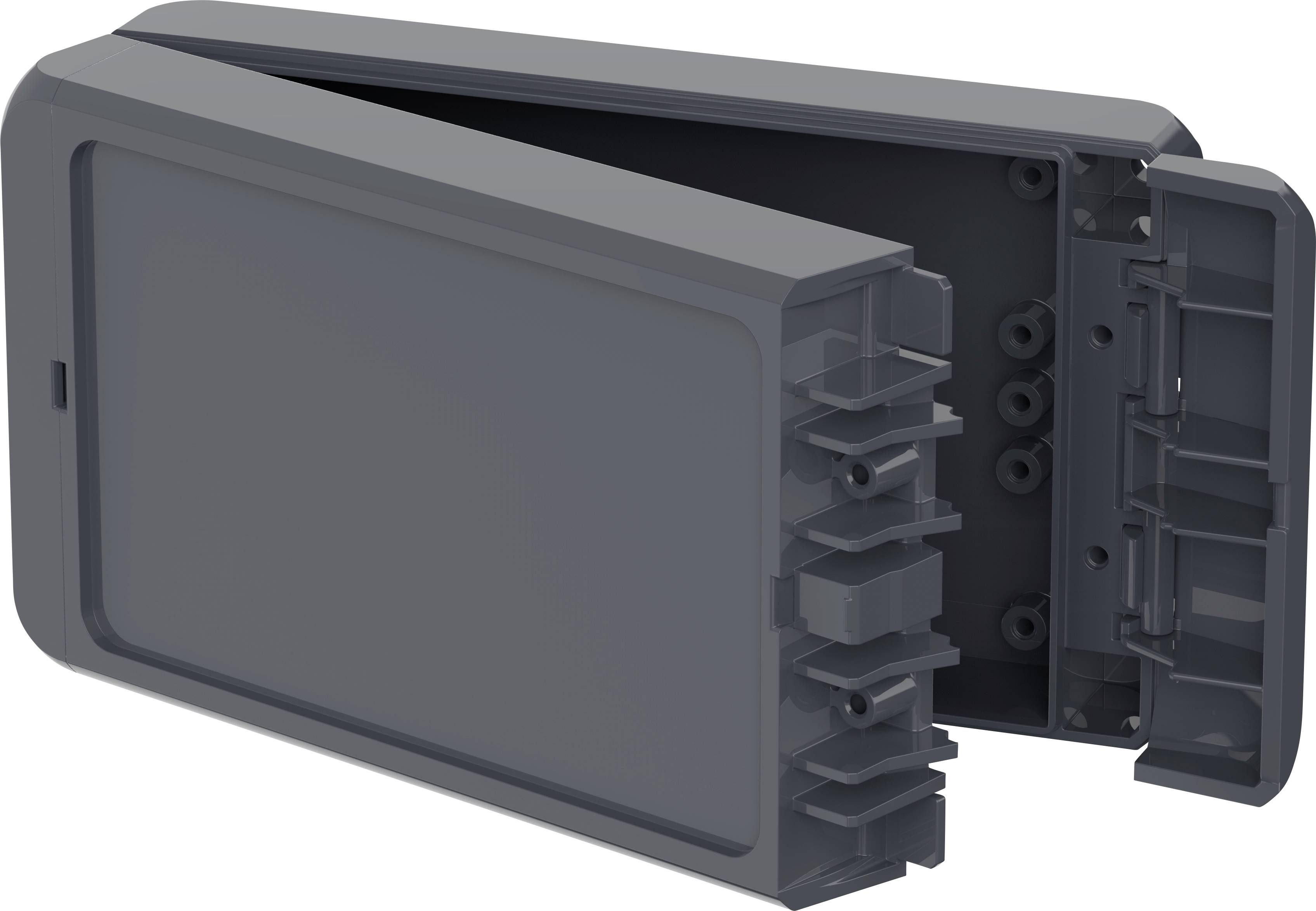 Plastikgehäuse, rechteckig, geöffnet; zeigt Innenstruktur mit Befestigungselementen. Geeignet für Elektronikbauteile oder Verkabelung.