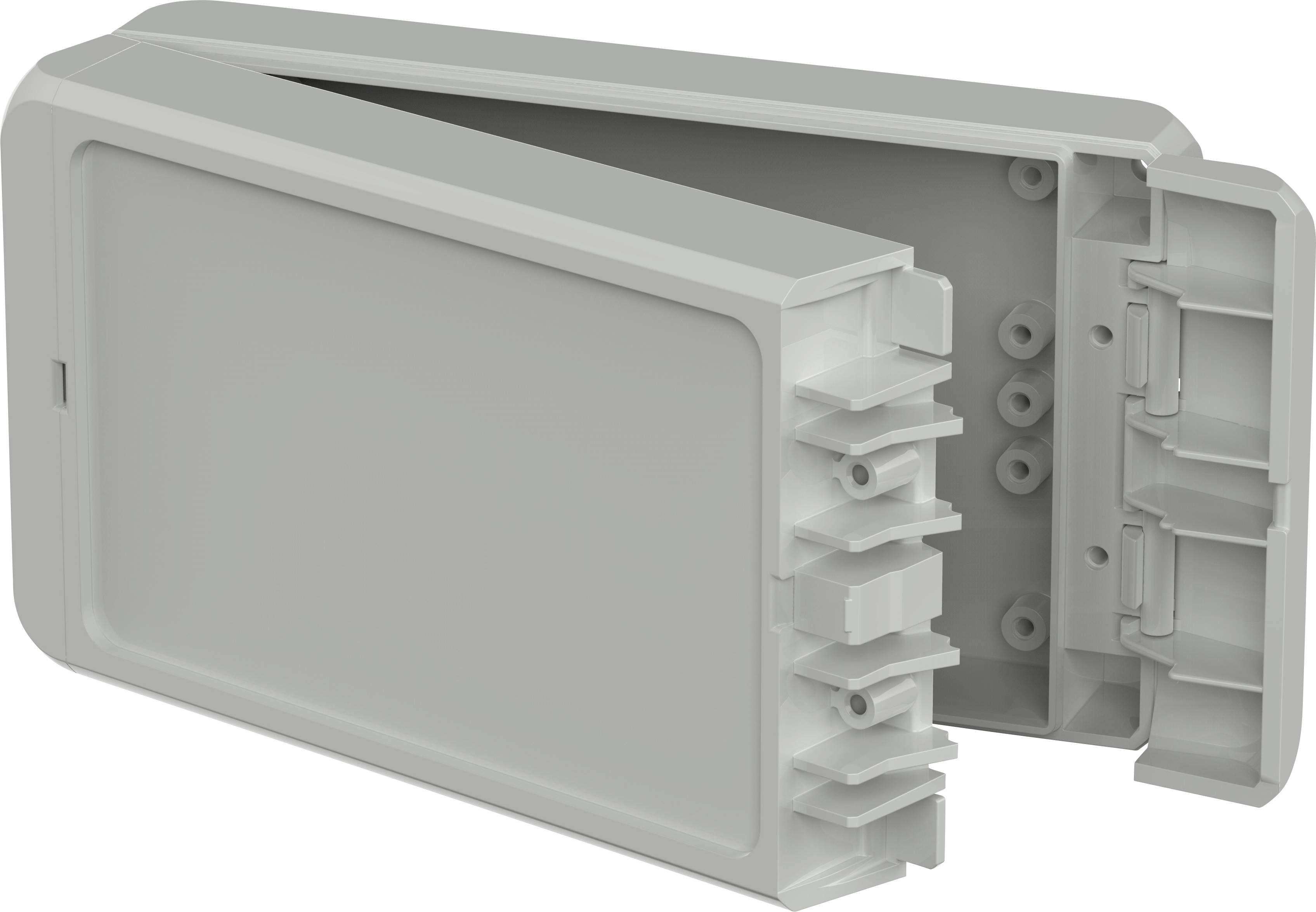 Weiße, rechteckige Kunststoffabdeckung, geöffnet, zeigt interne Halterungen und Befestigungspunkte.