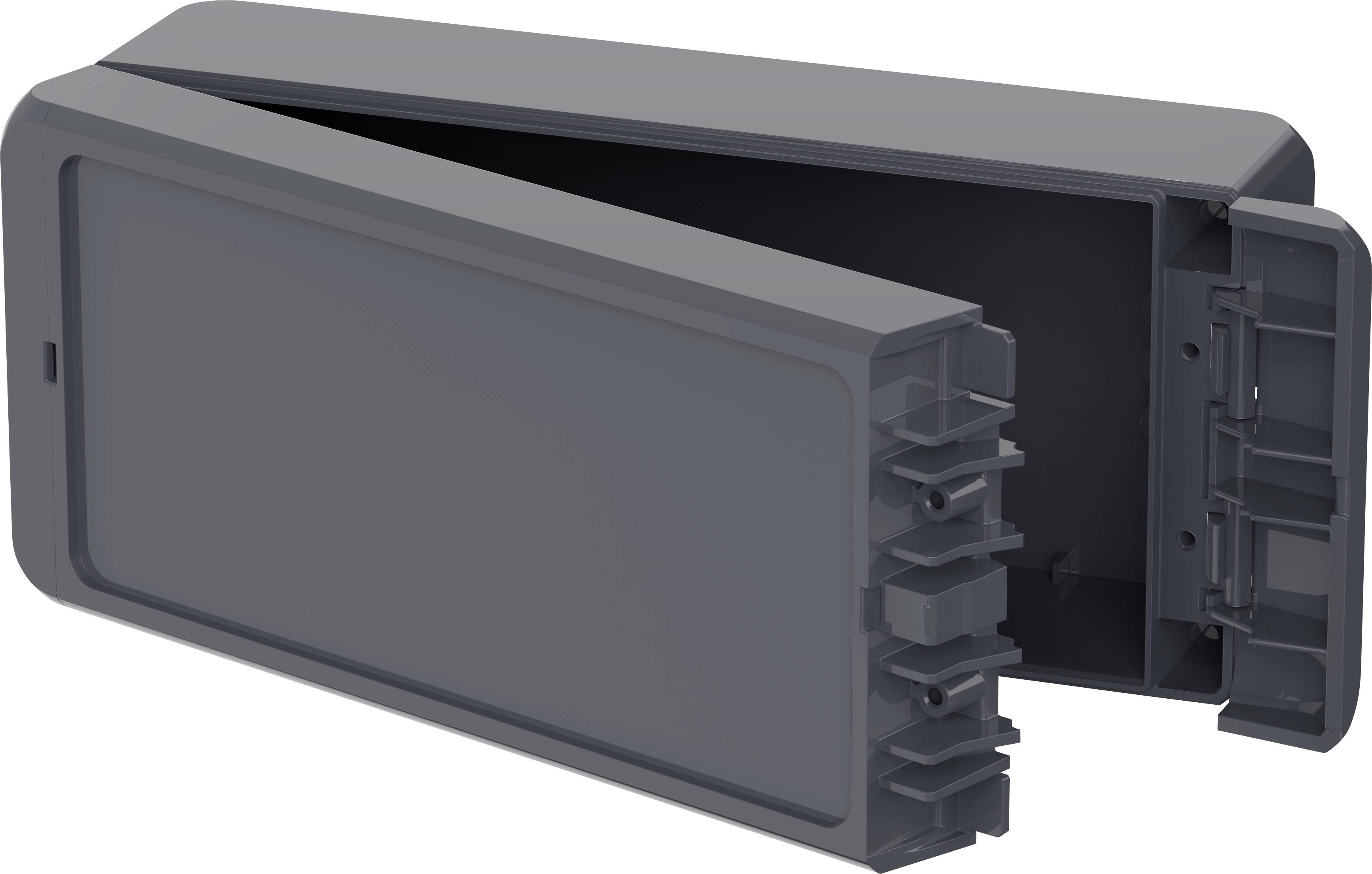 Dunkelgraues Kunststoffgehäuse, länglich und geöffnet. Geeignet zur Aufnahme und zum Schutz elektrischer/elektronischer Komponenten.