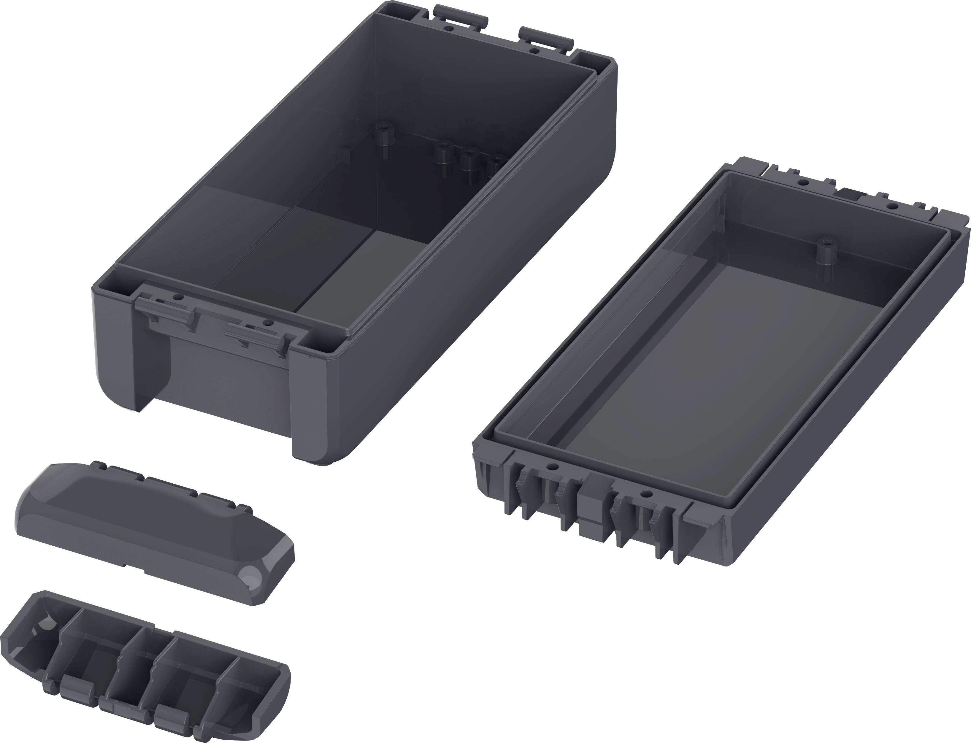 Ein rechteckiger, dunkelgrauer Gehäusebausatz in Einzelteilen: Hauptkörper, Deckel, und zusätzliche Befestigungskomponenten.