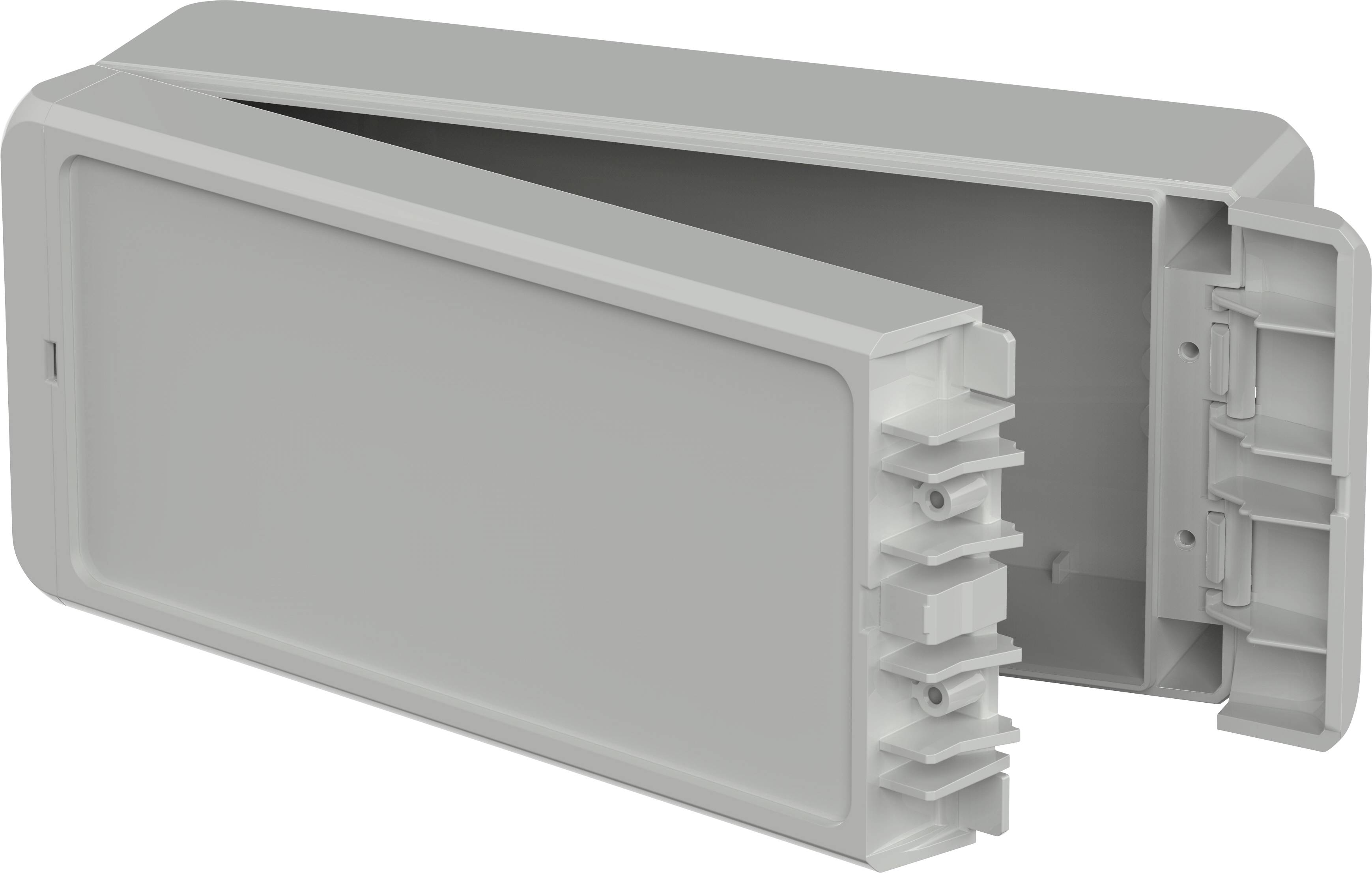 Graues, rechteckiges Kunststoffgehäuse, teilweise geöffnet. Geeignet für elektronische Komponenten oder Verkabelungsschutz.